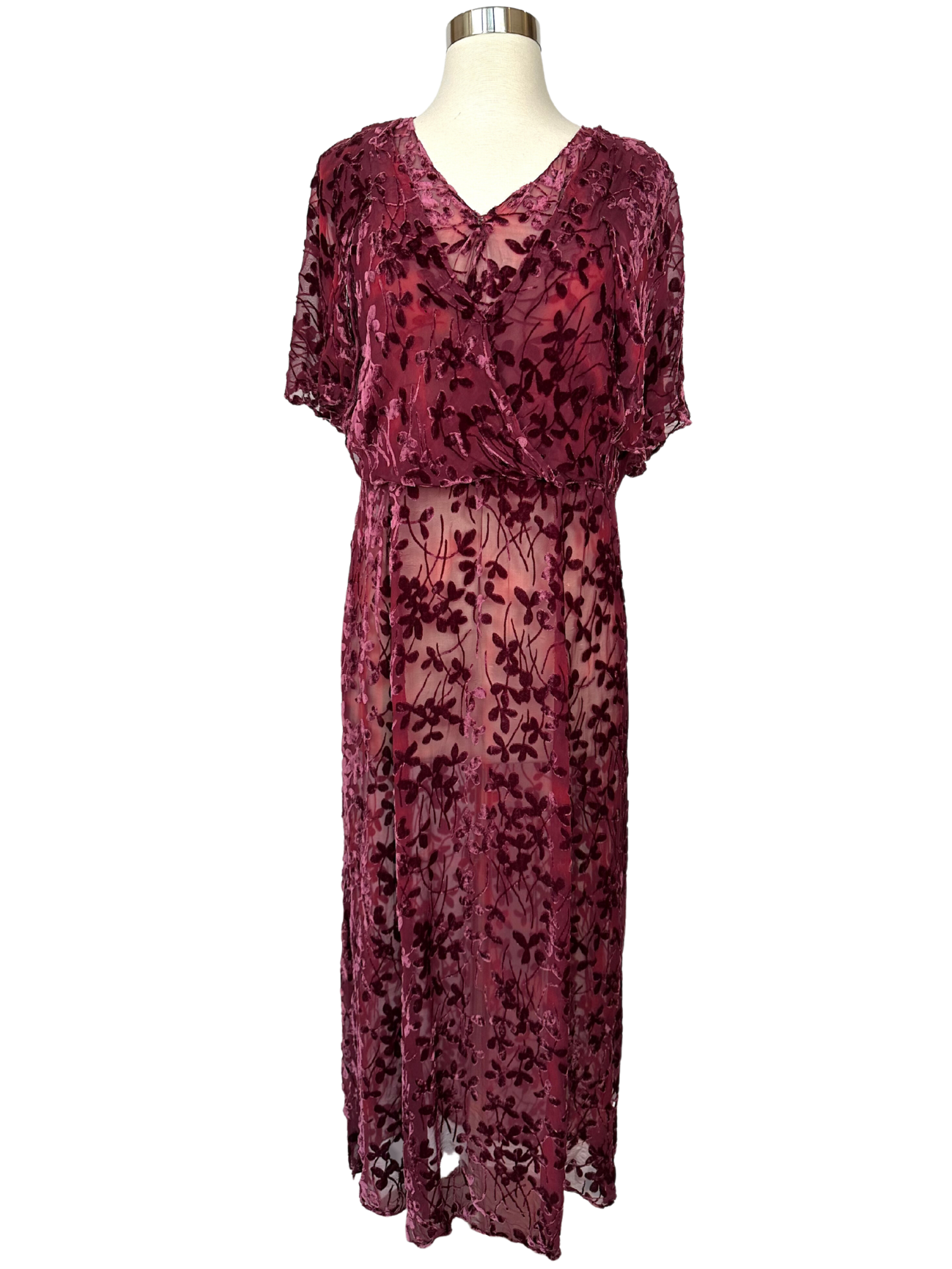 Vintage 1930s Burgundy Devor (Burnout) Dress - L  Pimbeche Vintage