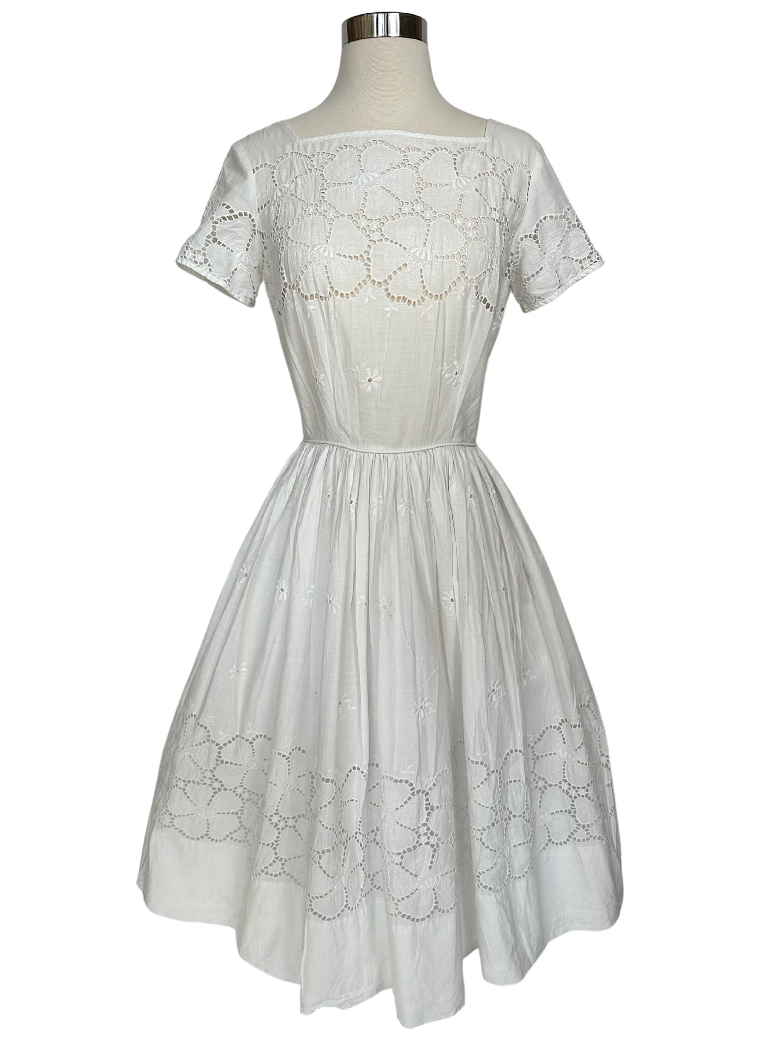Vintage 1950s R&K Originals White Eyelet Fabric Dress - XS