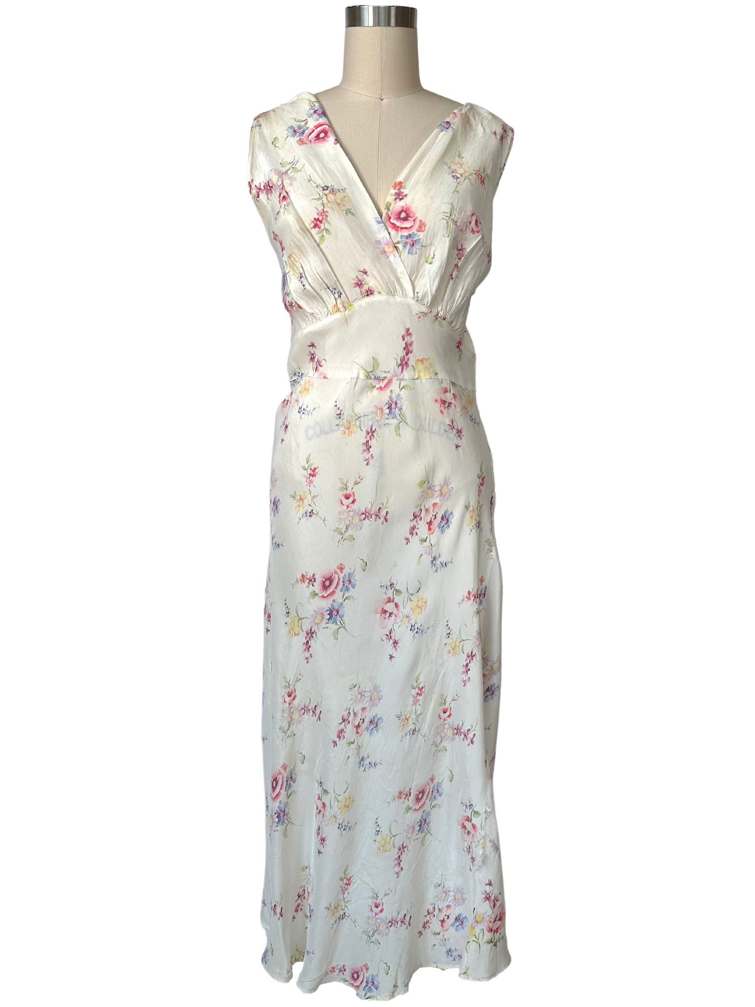 1930s White Floral Sleeveless Satin Dress - M