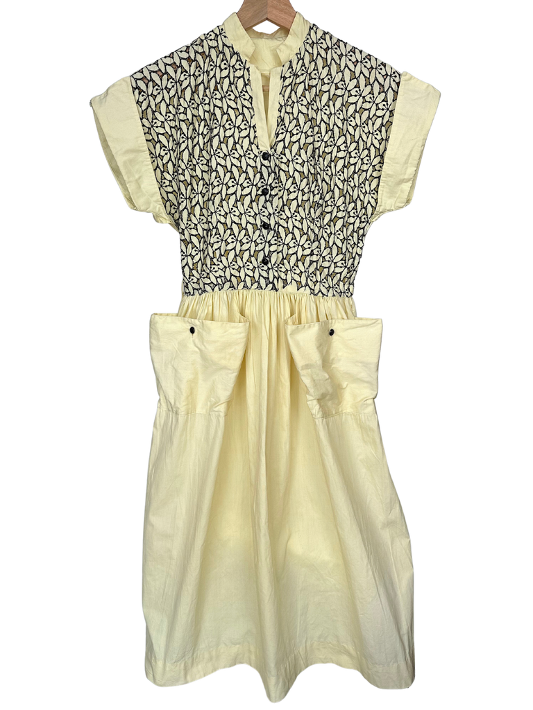 1940s Yellow Dress Cotton Summer Dress with Pockets - XS