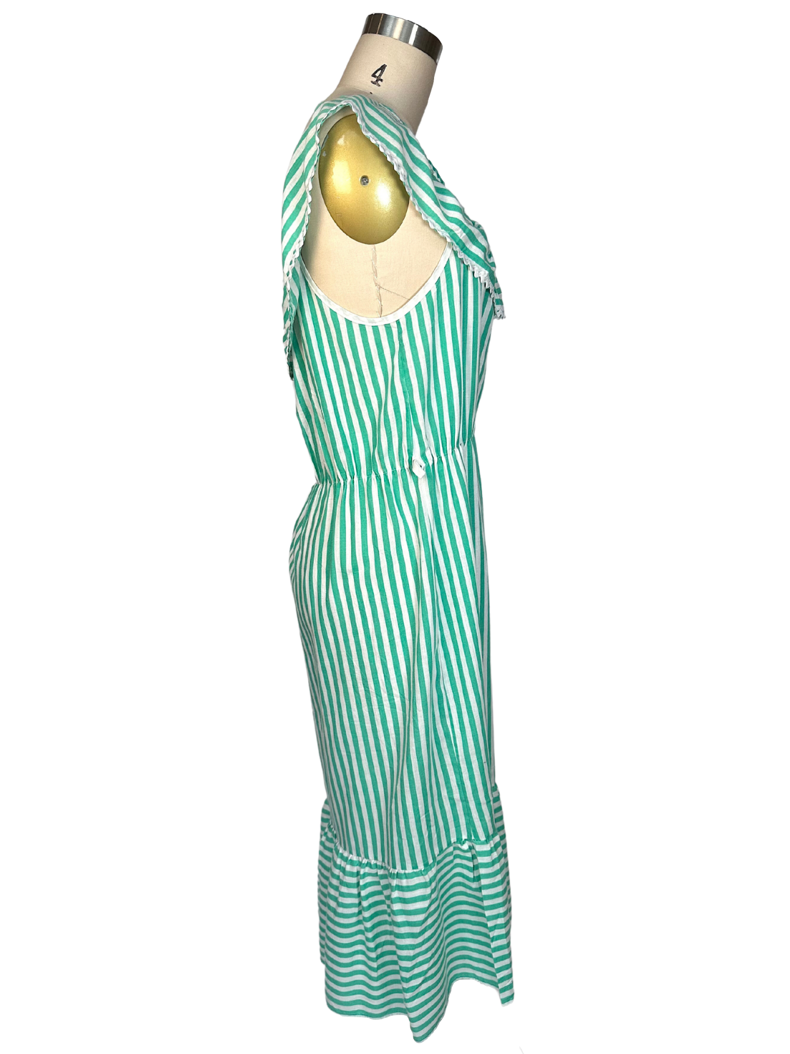 Vintage 1970s Green Striped Cotton Peasant Dress - L
