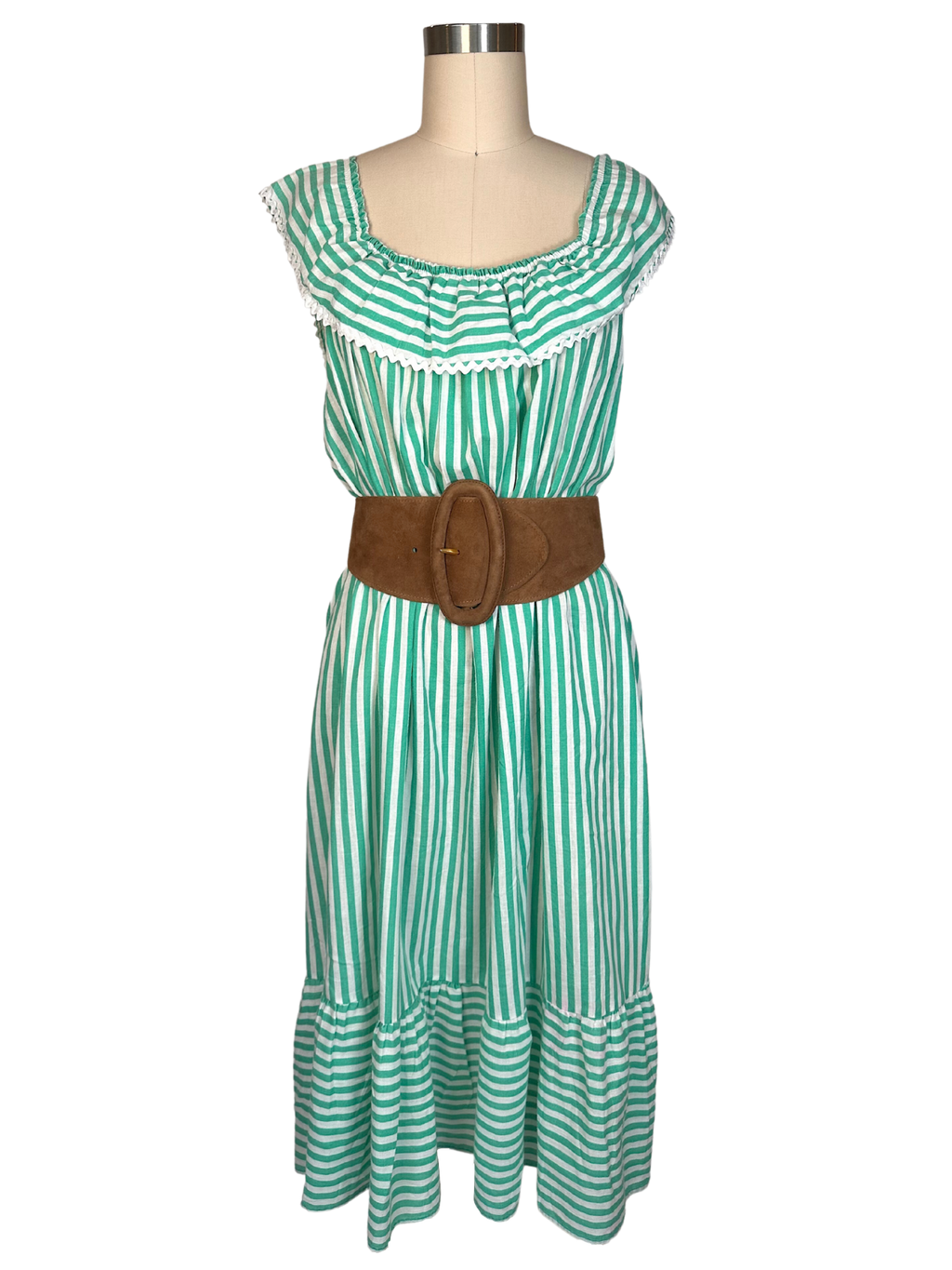 Vintage 1970s Green Striped Cotton Peasant Dress - L