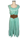 Vintage 1970s Green Striped Cotton Peasant Dress - L