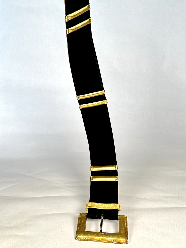1990s Paloma Picasso Black and Gold Leather Waist Belt - S - M