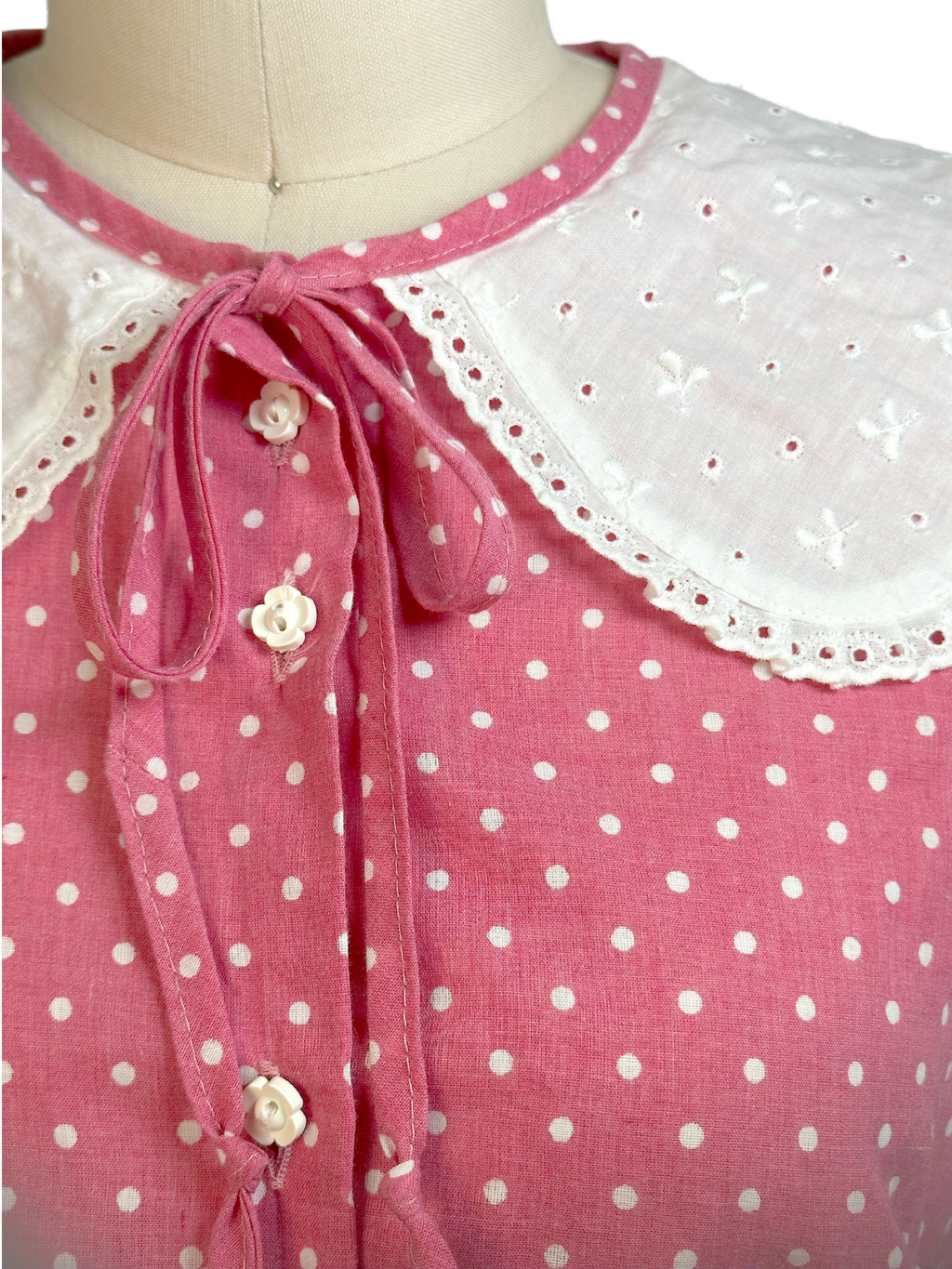 Vintage 1970s Polka Dot Prairie Midi Dress - S - M