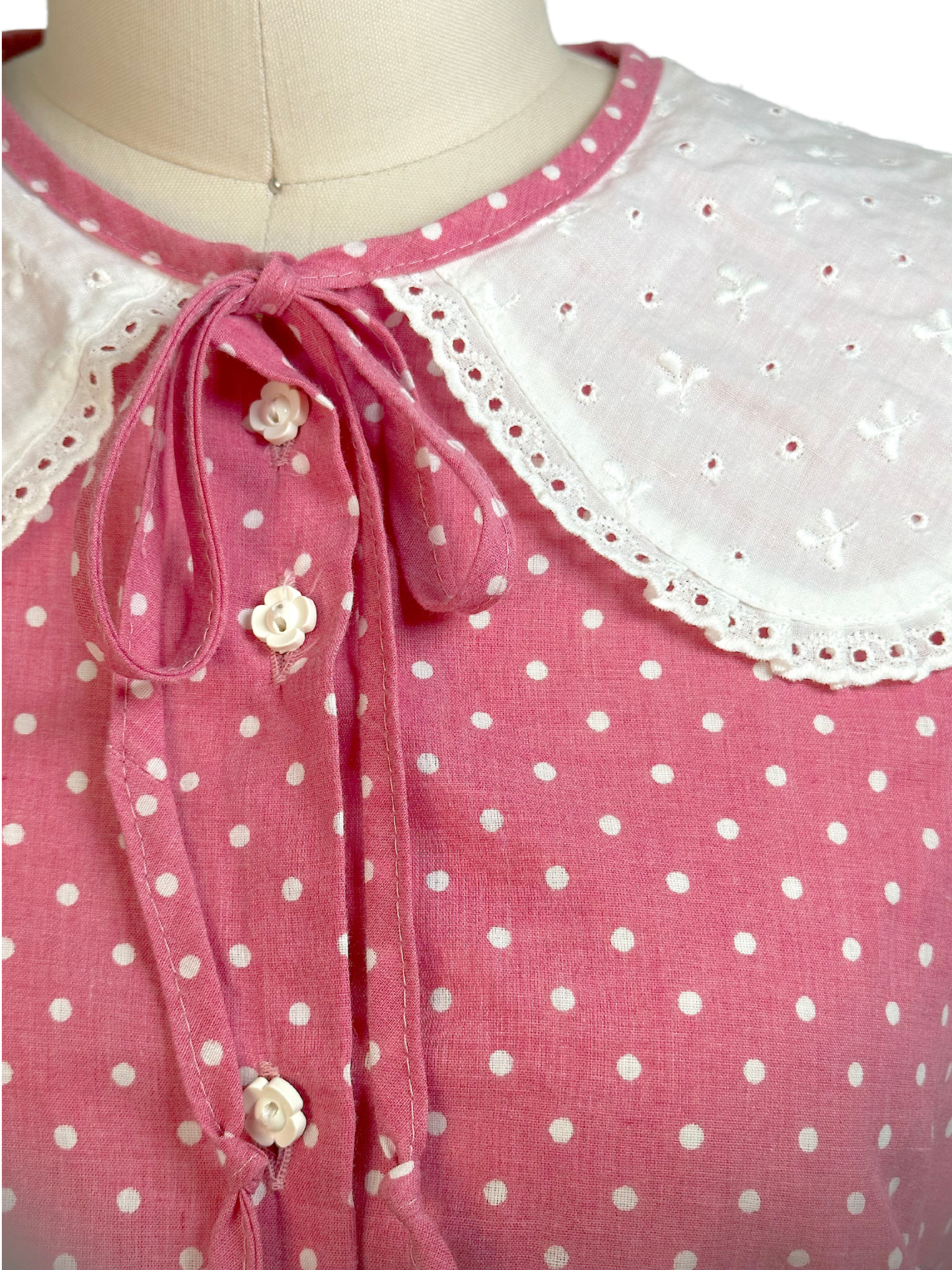 Vintage 1970s Polka Dot Prairie Midi Dress - S - M