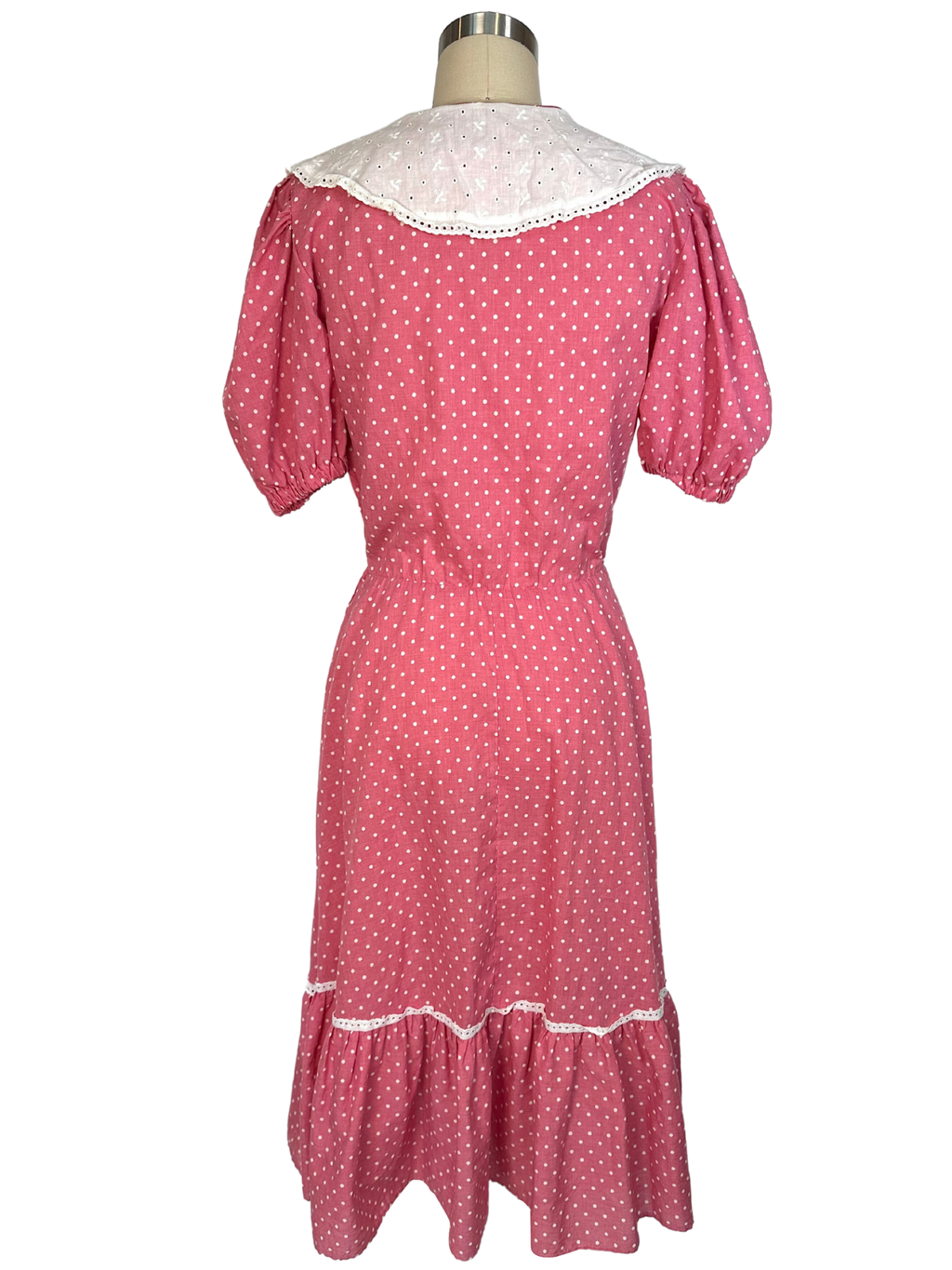 Vintage 1970s Polka Dot Prairie Midi Dress - S - M