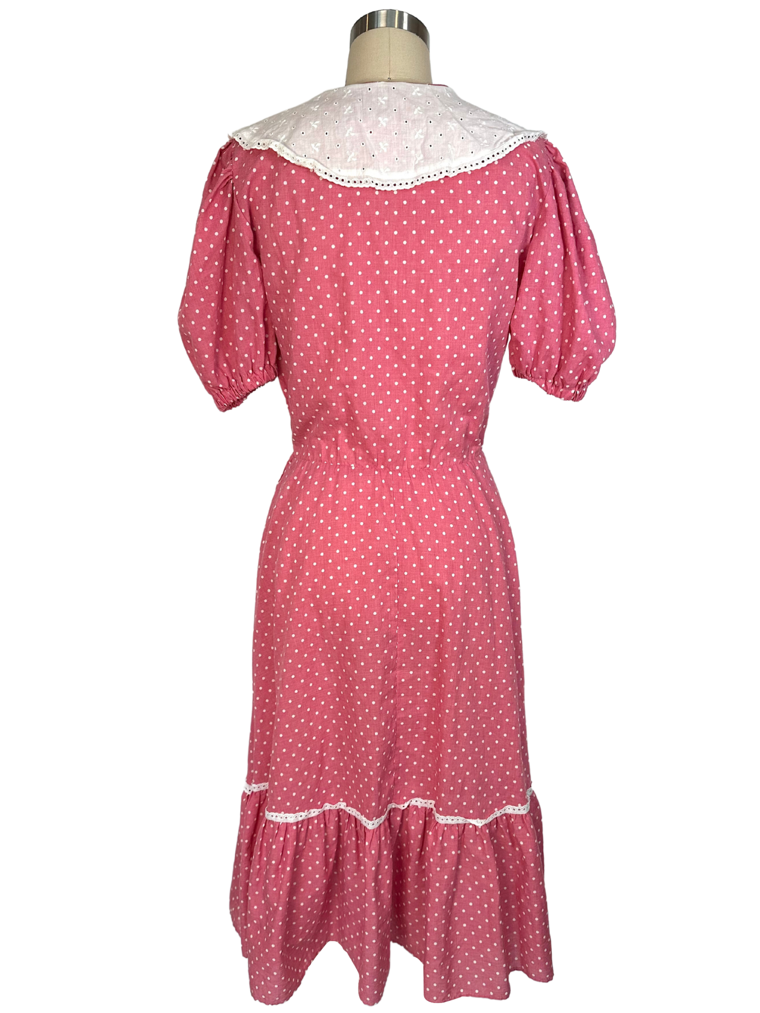 Vintage 1970s Polka Dot Prairie Midi Dress - S - M