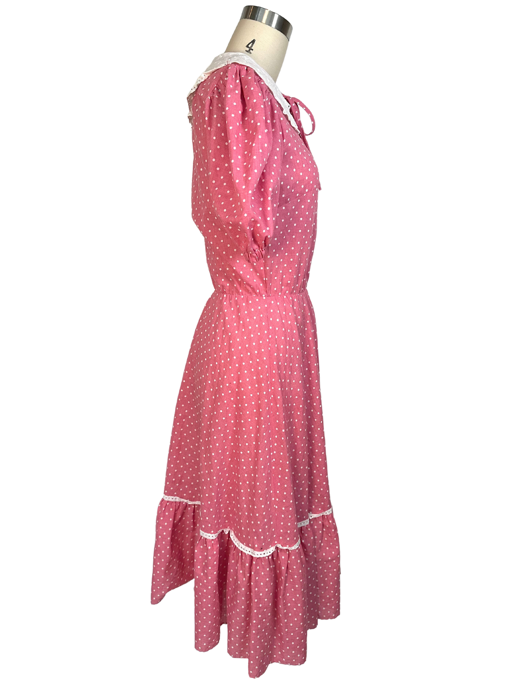Vintage 1970s Polka Dot Prairie Midi Dress - S - M