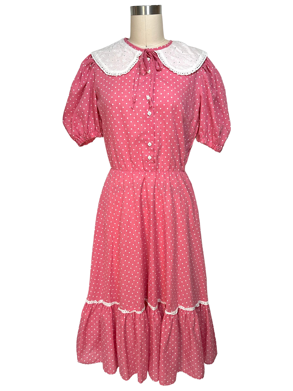 Vintage 1970s Polka Dot Prairie Midi Dress - S - M