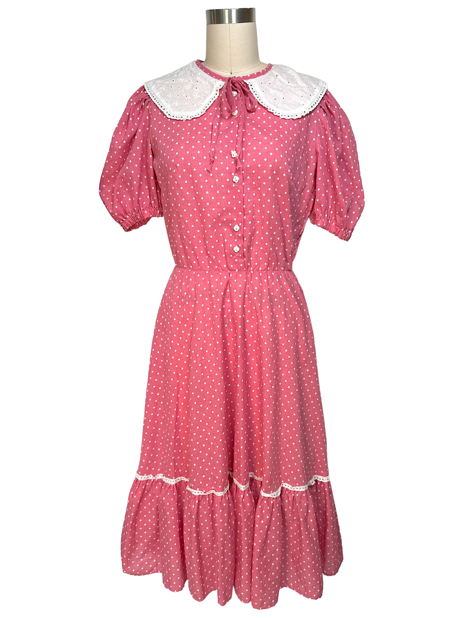 Vintage 1970s Polka Dot Prairie Midi Dress - S - M