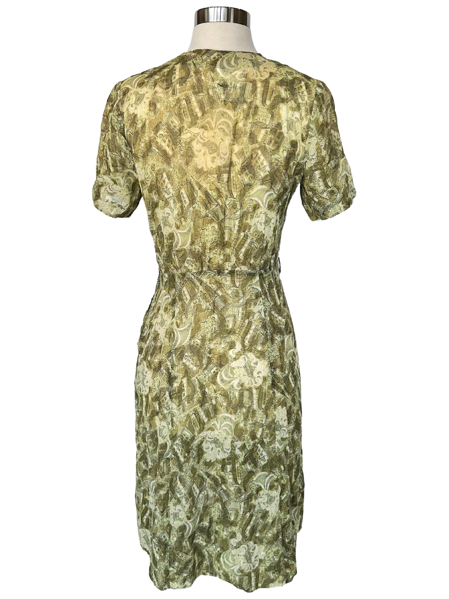 1940s Green Silky Print Day Dress - S