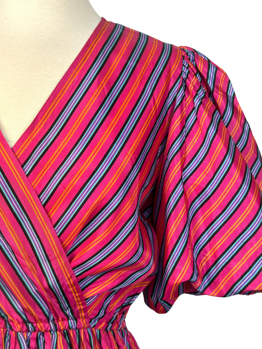 Vintage 1980s Liz Roberts Pink Striped Puff Sleeve Dress - S - M - L