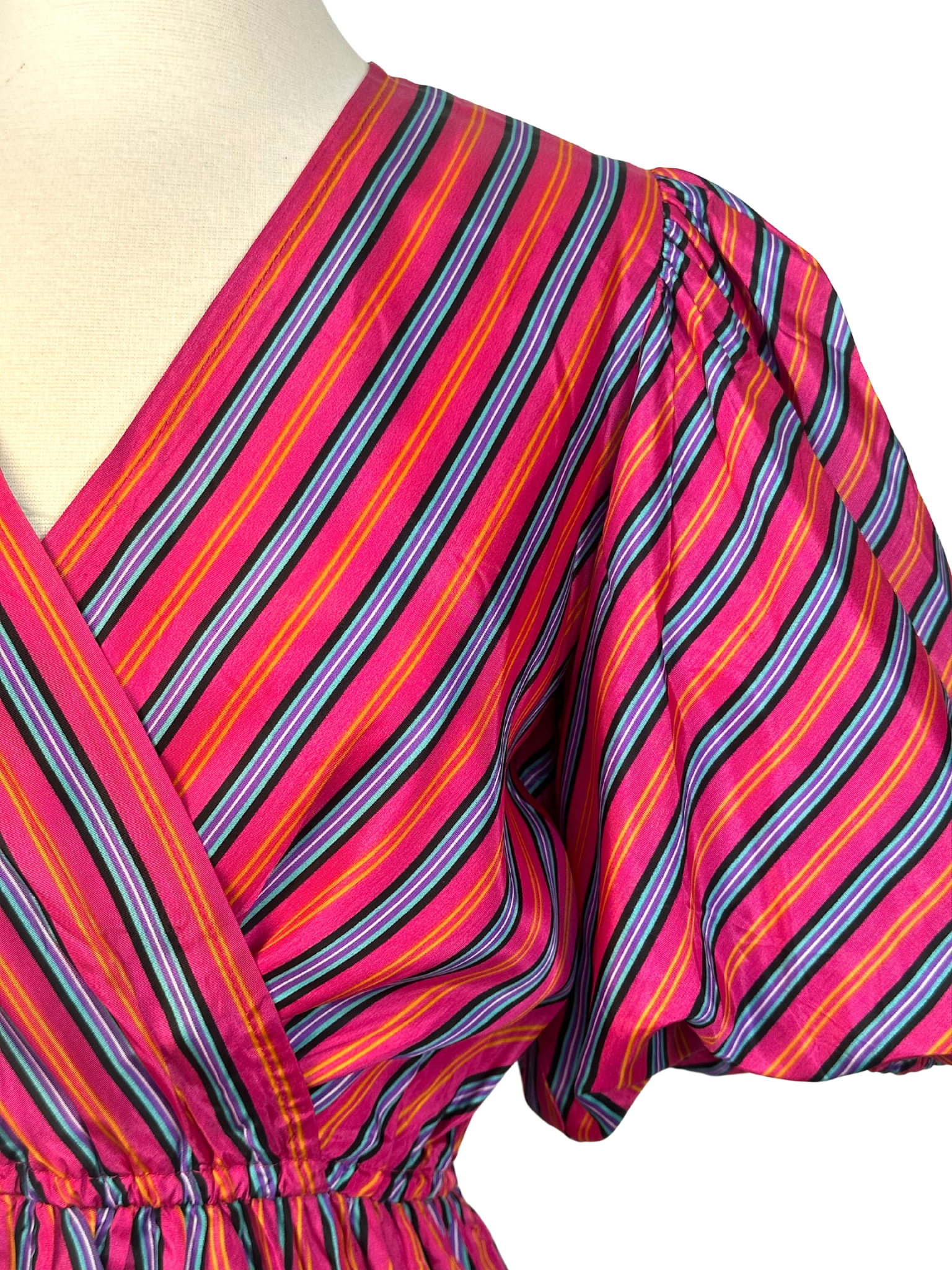 Vintage 1980s Liz Roberts Pink Striped Puff Sleeve Dress - S - M - L