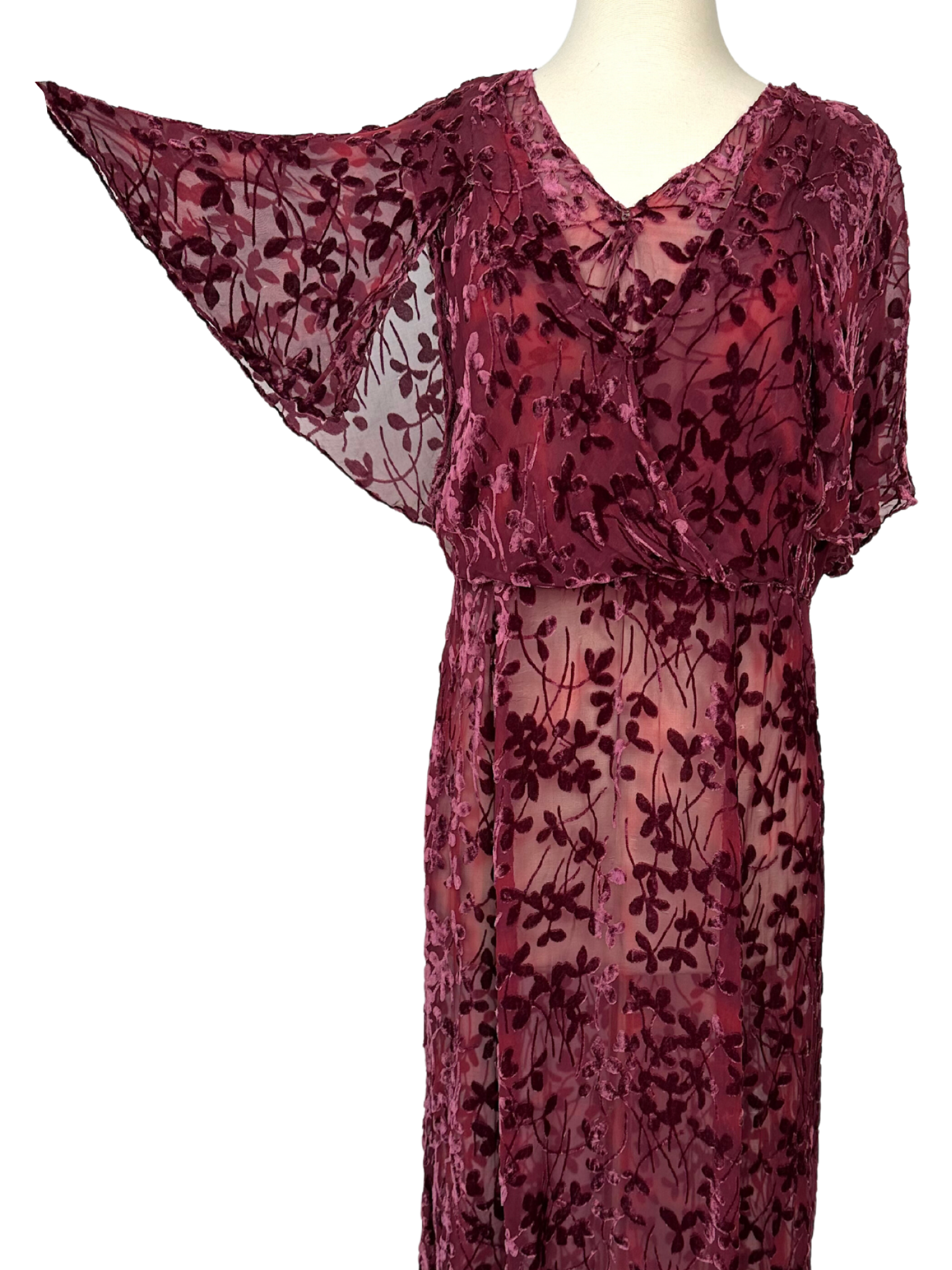 Vintage 1930s Burgundy Devoré (Burnout) Dress - L