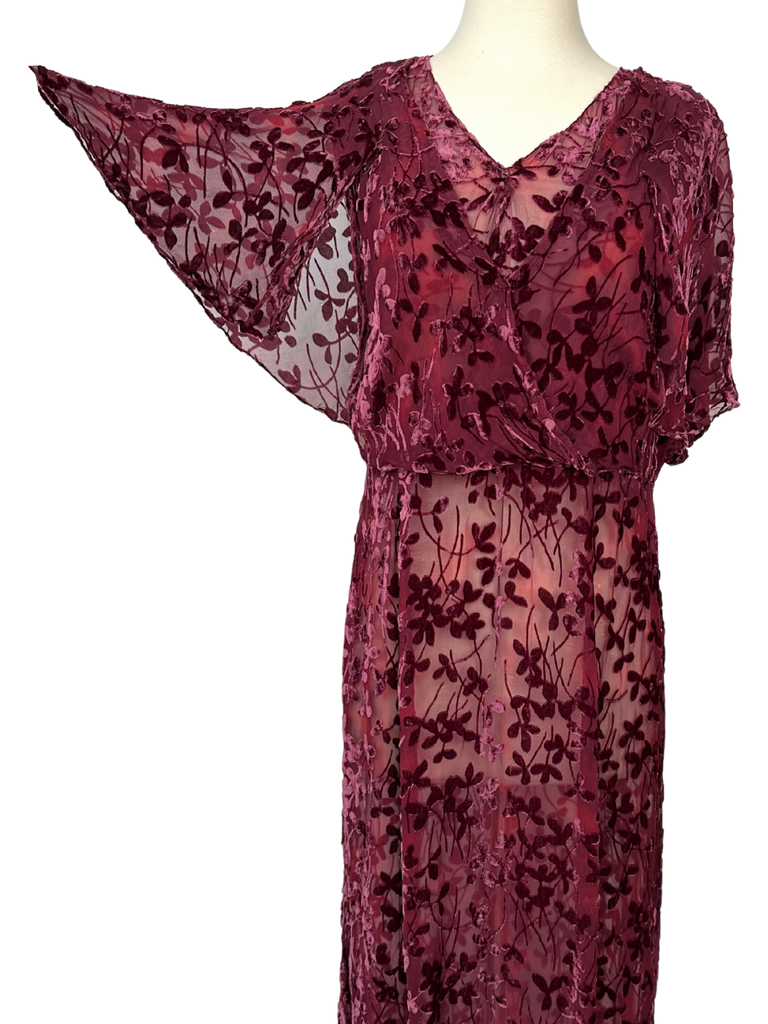 Vintage 1930s Burgundy Devoré (Burnout) Dress - L
