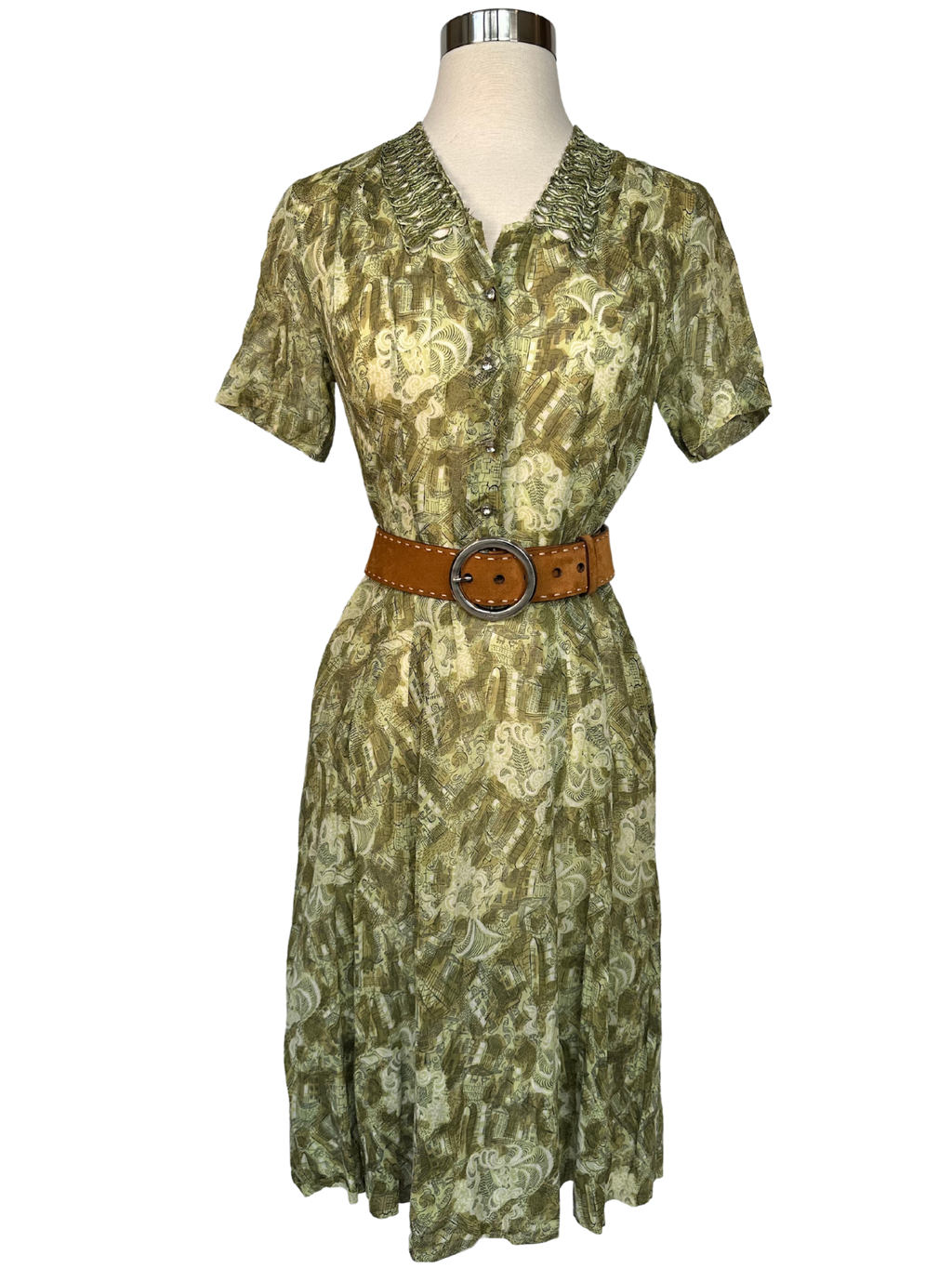 1940s Green Silky Print Day Dress - S Pimbeche Vintage 1940s Green Silky Print Day Dress - S Pimbeche Vintage