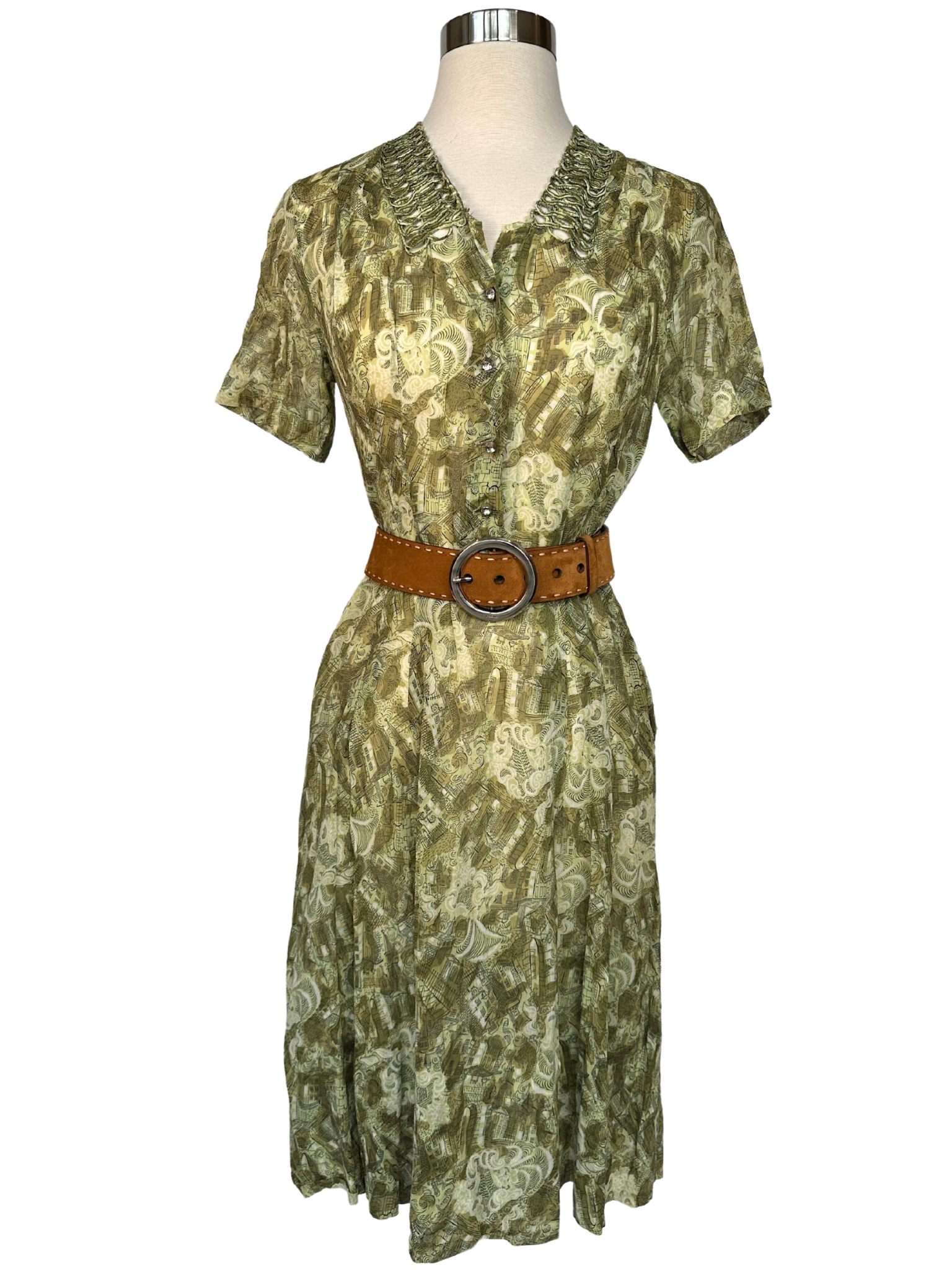 1940s Green Silky Print Day Dress - S Pimbeche Vintage 1940s Green Silky Print Day Dress - S Pimbeche Vintage