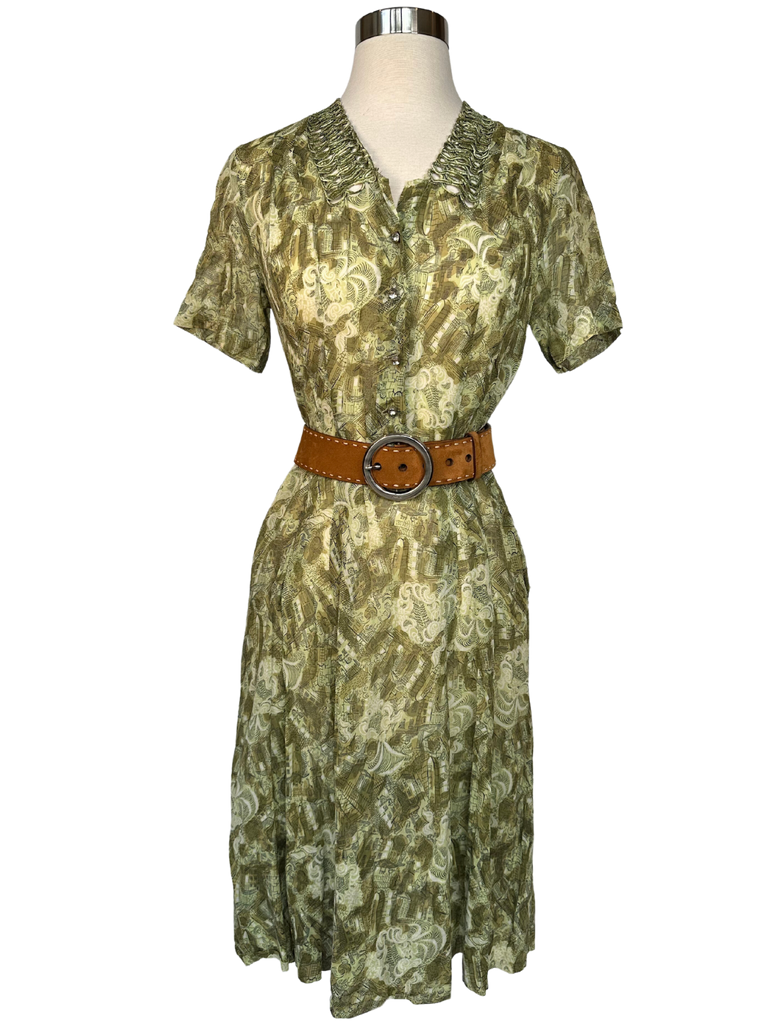 1940s Green Silky Print Day Dress - S