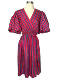 Vintage 1980s Liz Roberts Pink Striped Puff Sleeve Dress - S - M - L