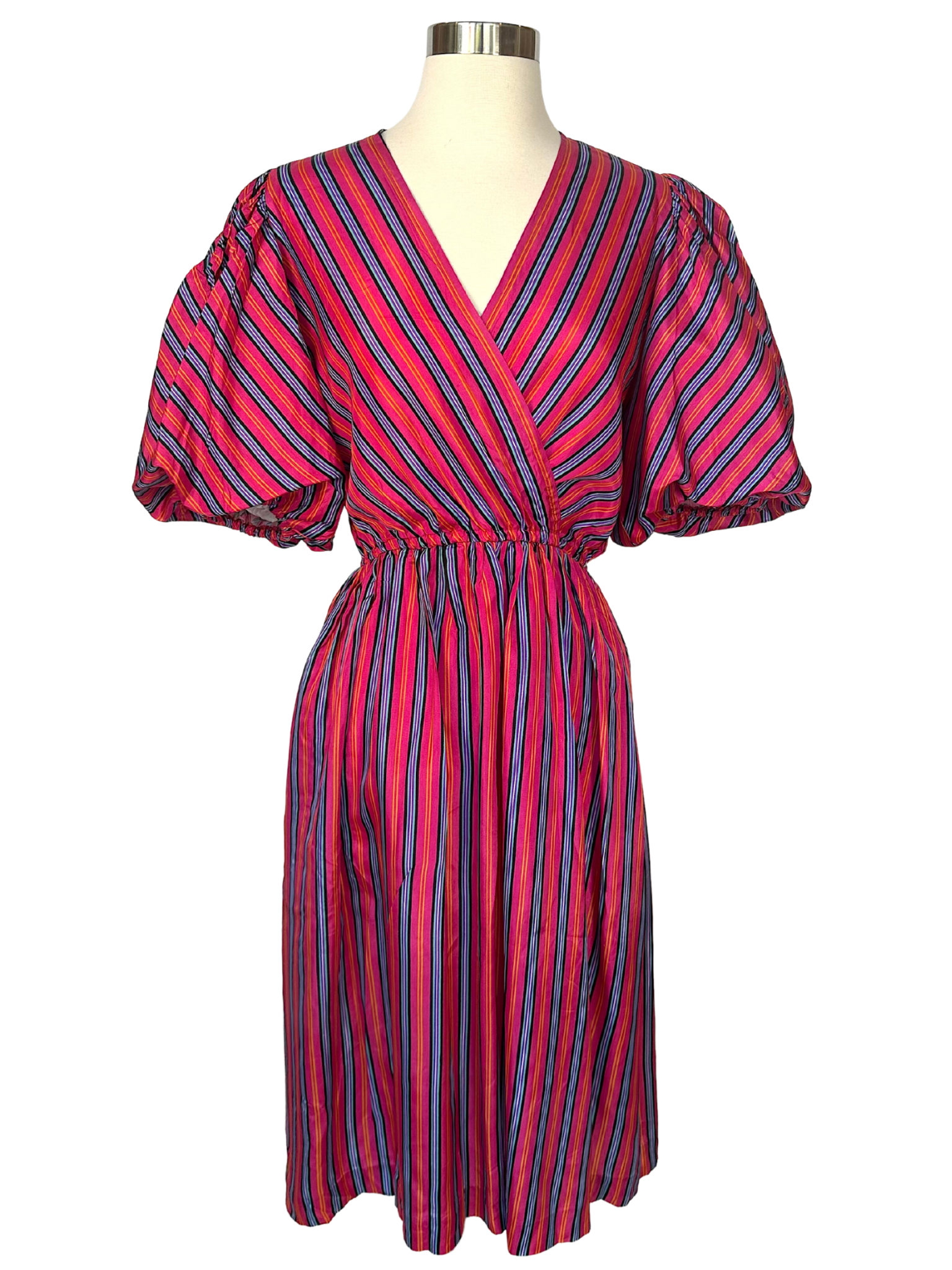 Vintage 1980s Liz Roberts Pink Striped Puff Sleeve Dress - S - M - L