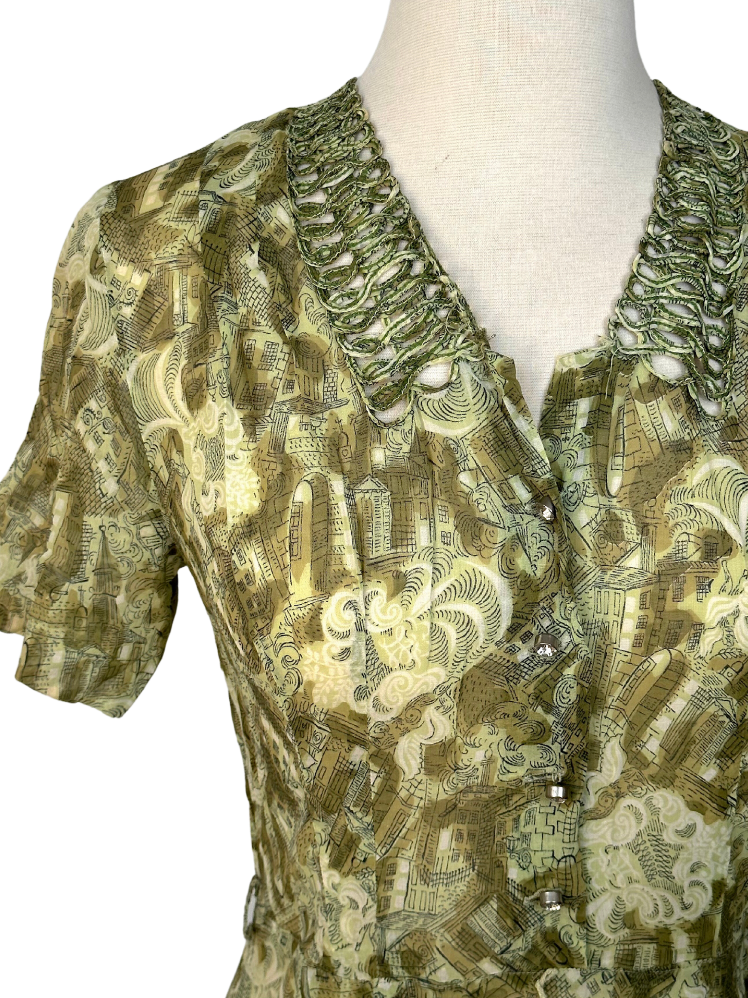 1940s Green Silky Print Day Dress - S