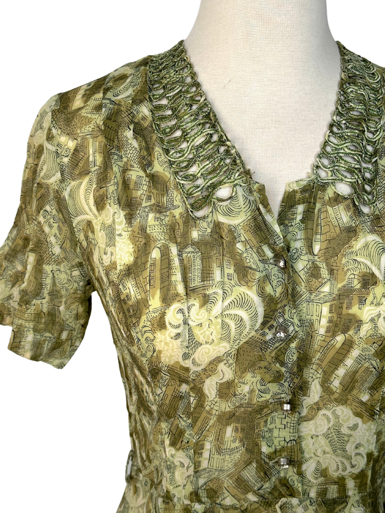1940s Green Silky Print Day Dress - S