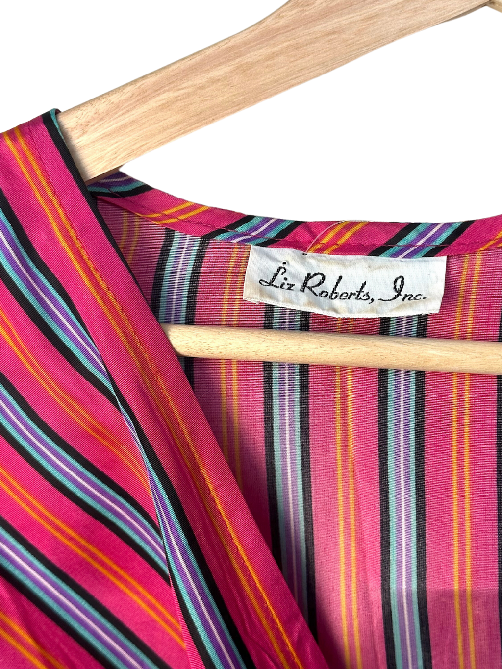 Vintage 1980s Liz Roberts Pink Striped Puff Sleeve Dress - S - M - L