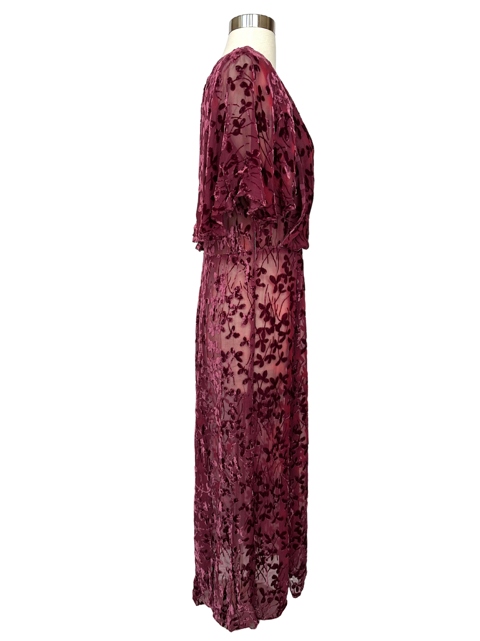 Vintage 1930s Burgundy Devoré (Burnout) Dress - L