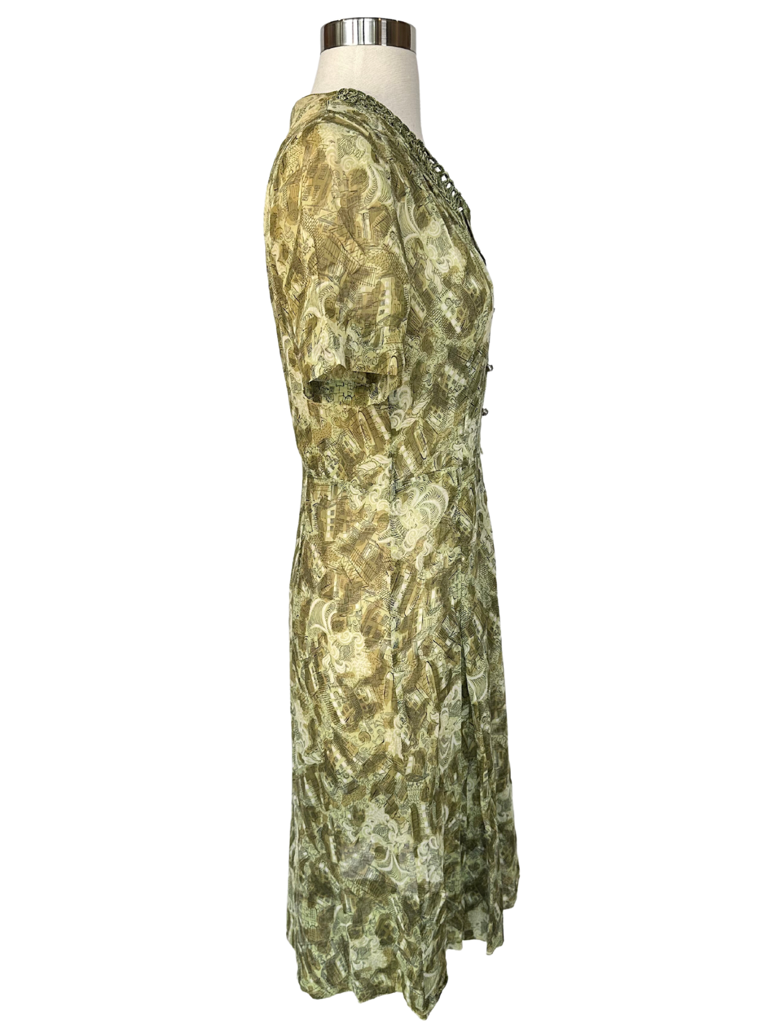 1940s Green Silky Print Day Dress - S