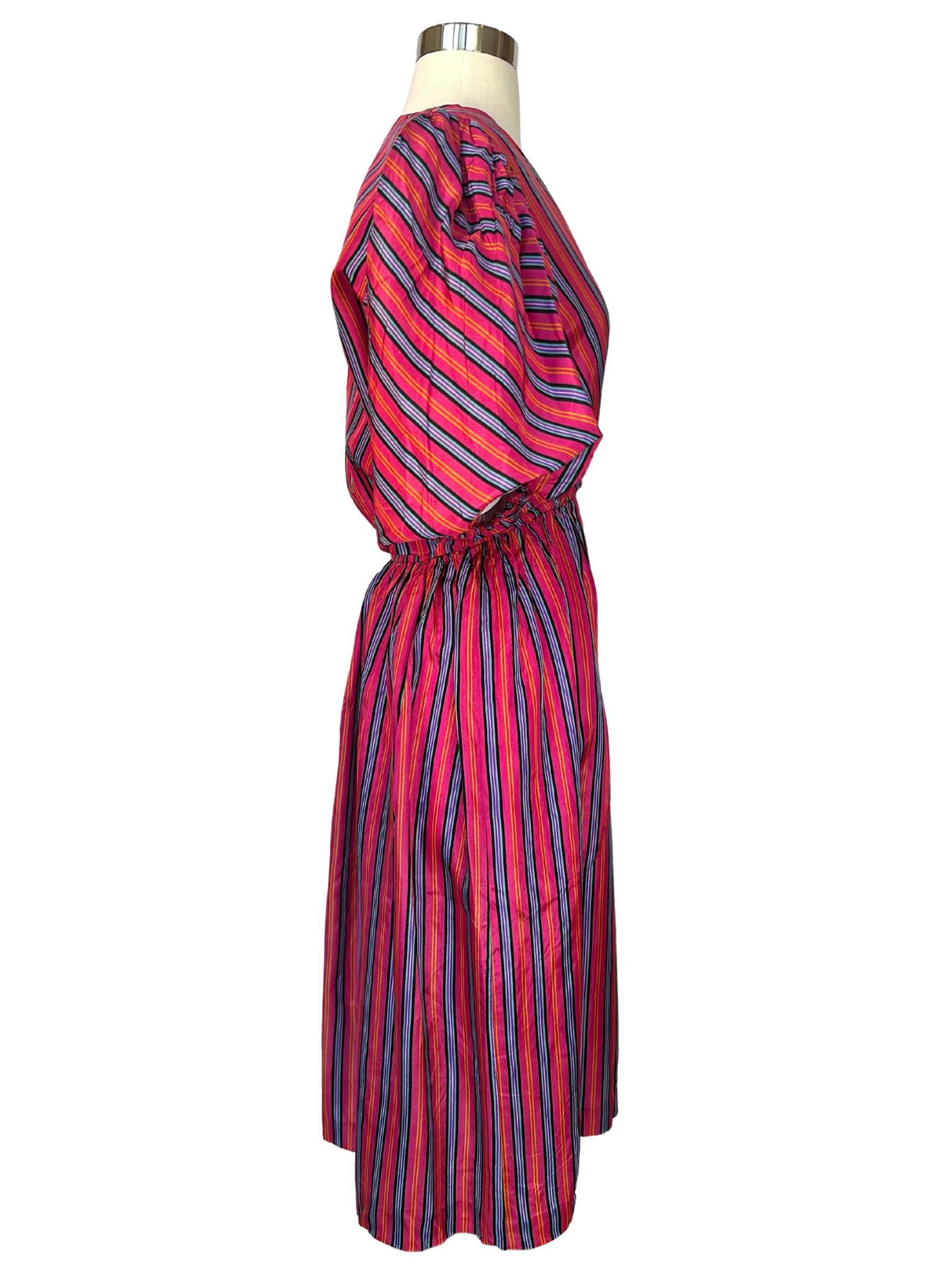 Vintage 1980s Liz Roberts Pink Striped Puff Sleeve Dress - S - M - L