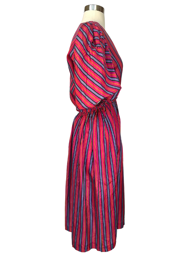 Vintage 1980s Liz Roberts Pink Striped Puff Sleeve Dress - S - M - L
