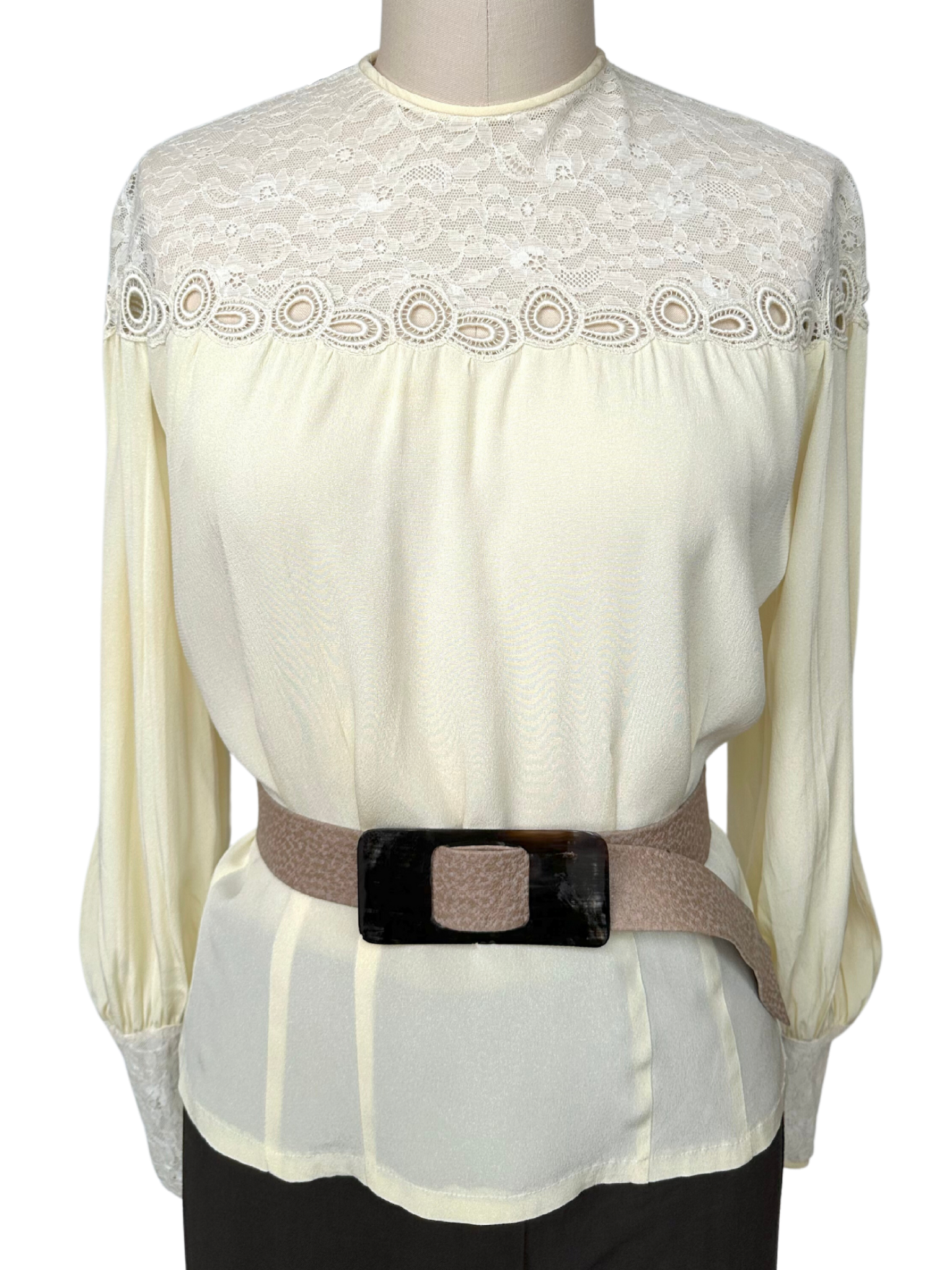 Vintage 1940s Cream Blouse with Lace Shoulders - M - L