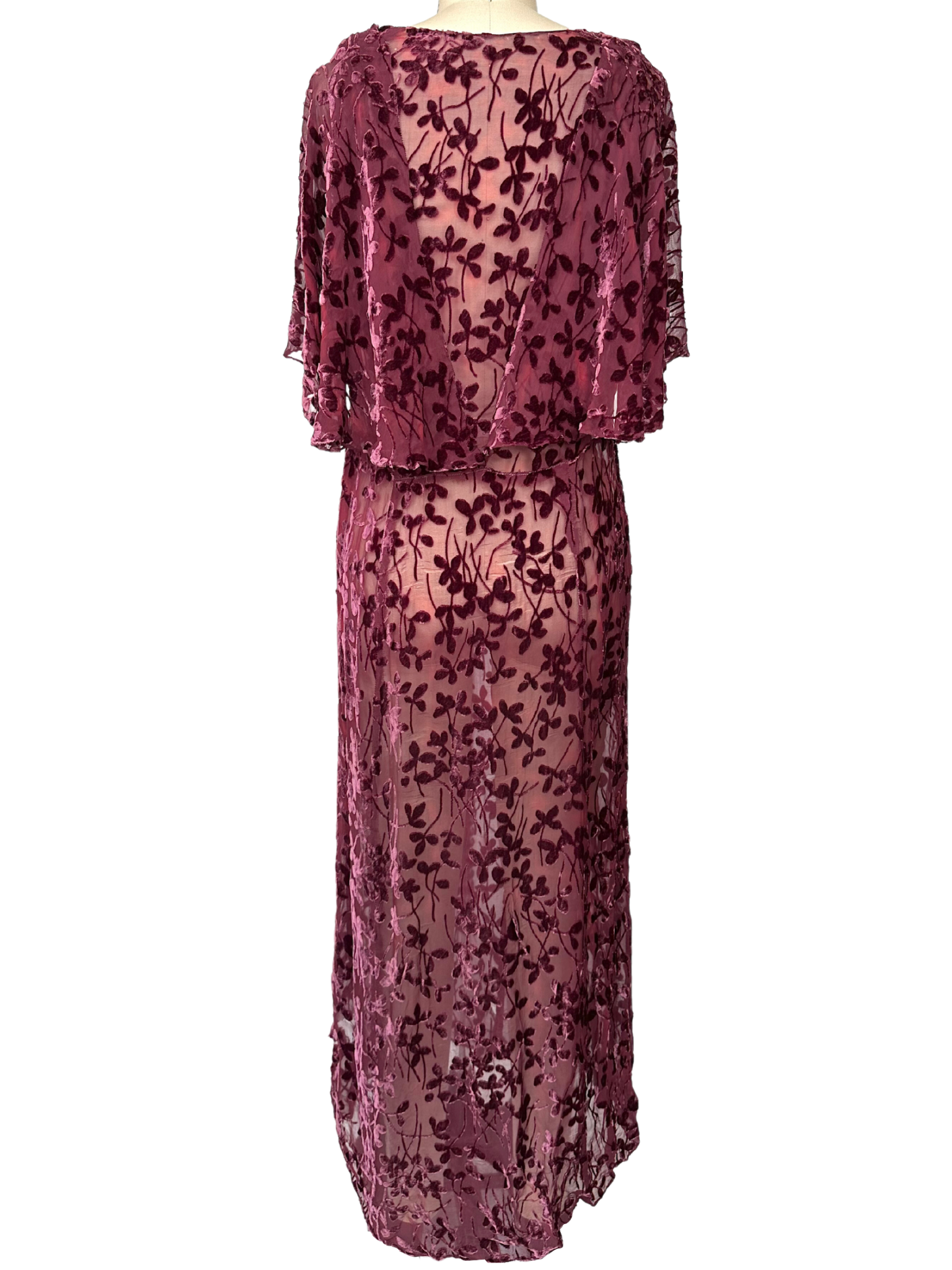 Vintage 1930s Burgundy Devoré (Burnout) Dress - L