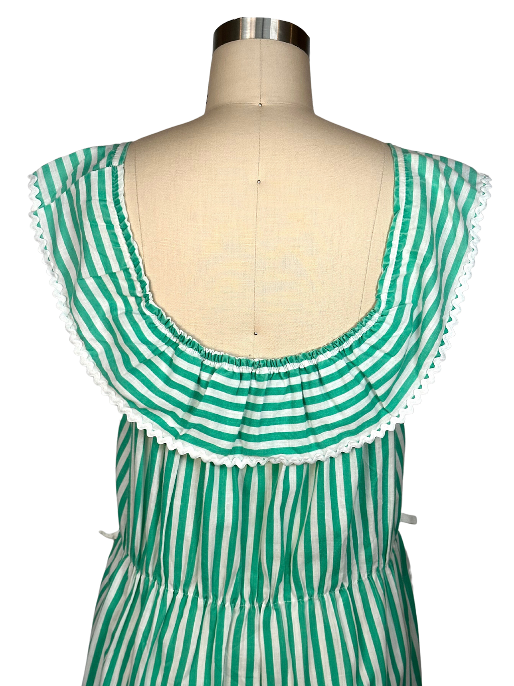 Vintage 1970s Green Striped Cotton Peasant Dress - L