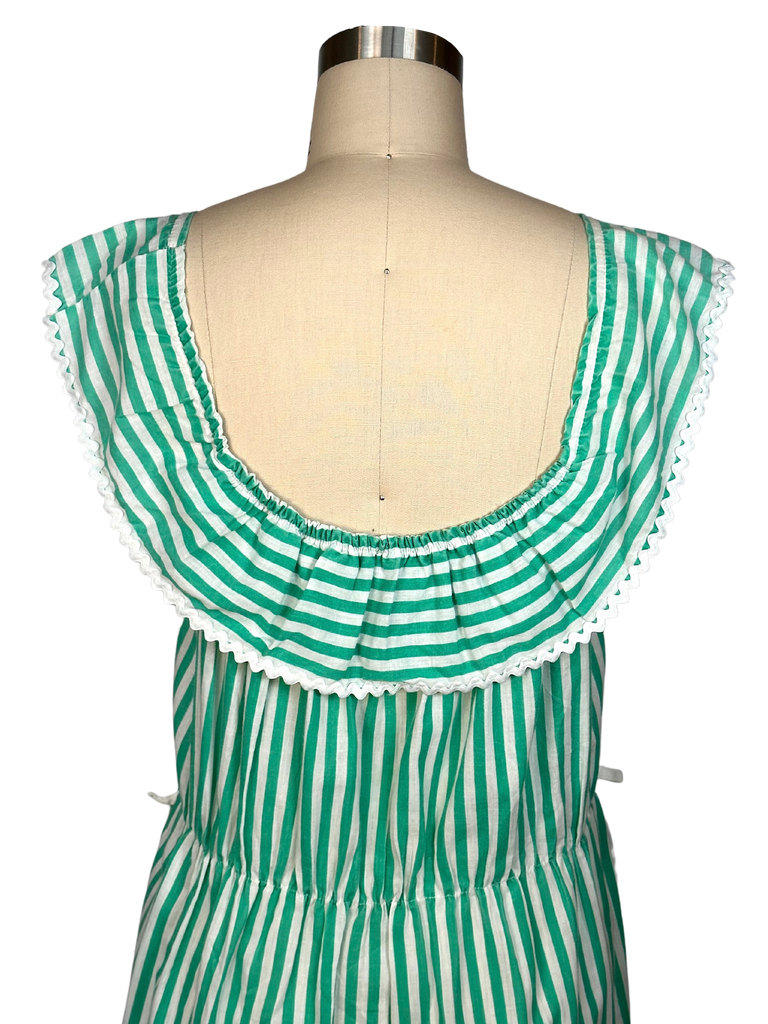 Vintage 1970s Green Striped Cotton Peasant Dress - L