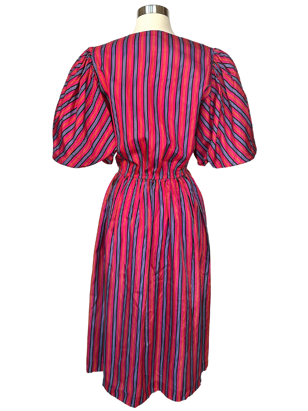 Vintage 1980s Liz Roberts Pink Striped Puff Sleeve Dress - S - M - L