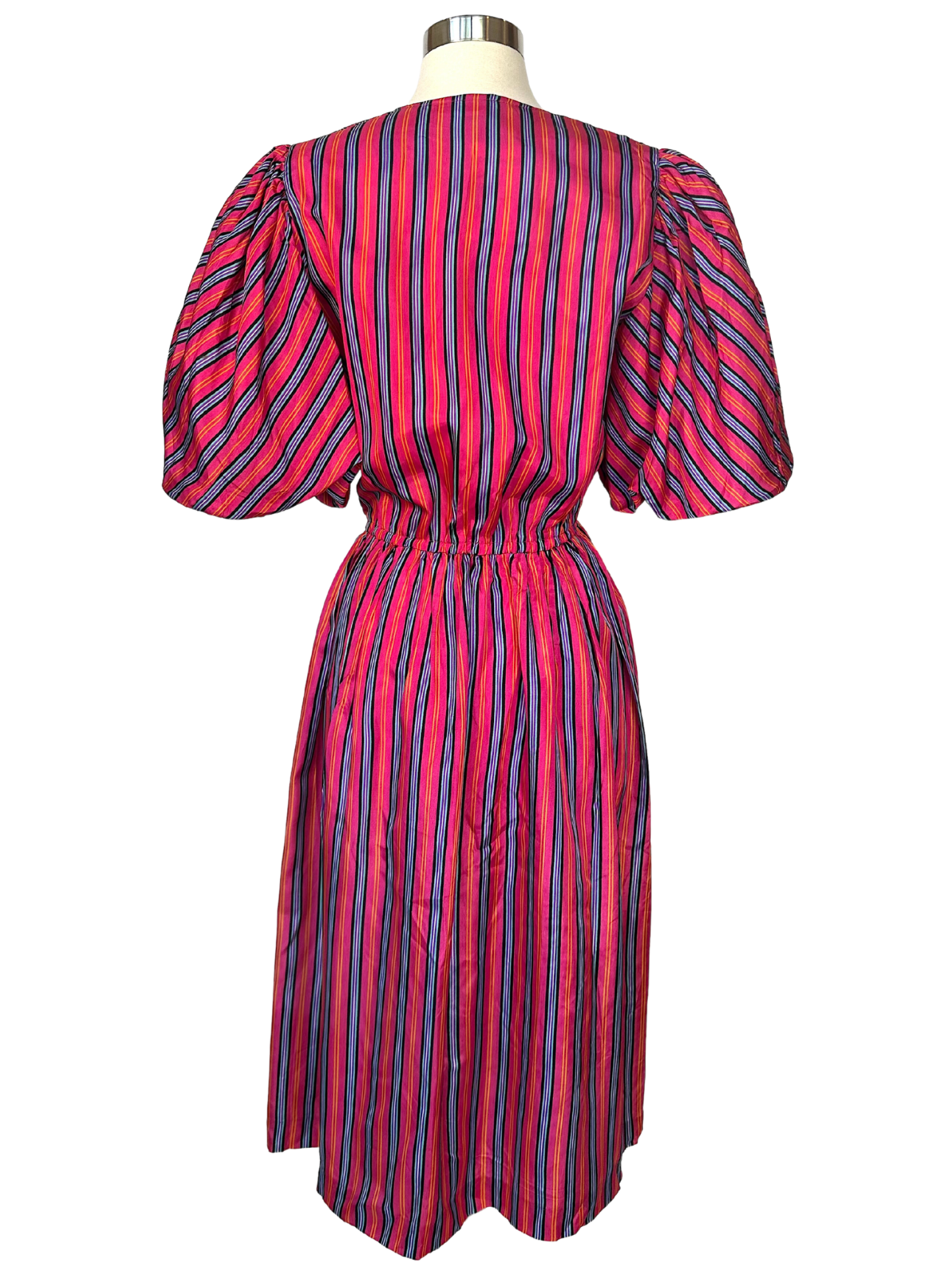 Vintage 1980s Liz Roberts Pink Striped Puff Sleeve Dress - S - M - L