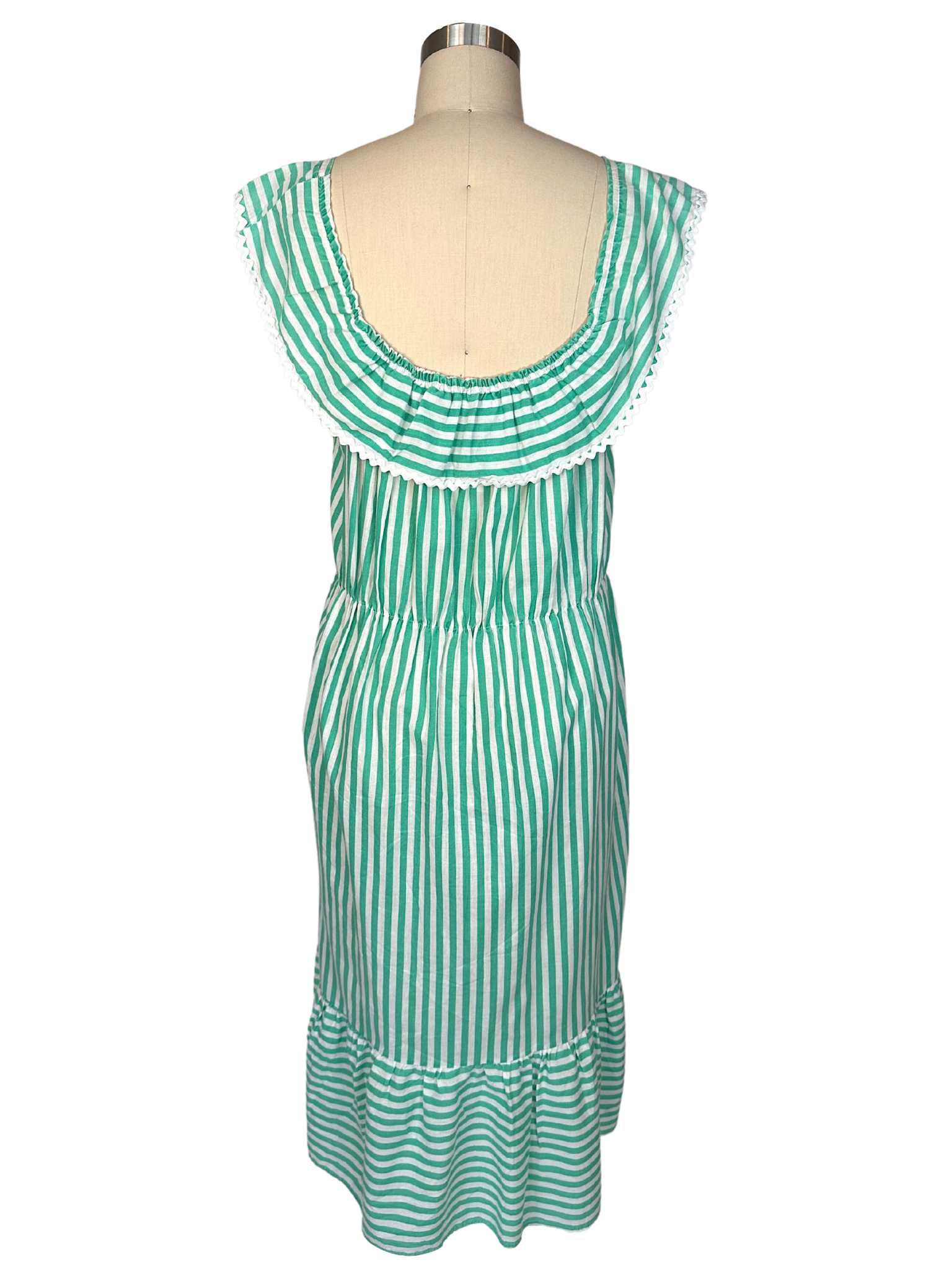 Vintage 1970s Green Striped Cotton Peasant Dress - L