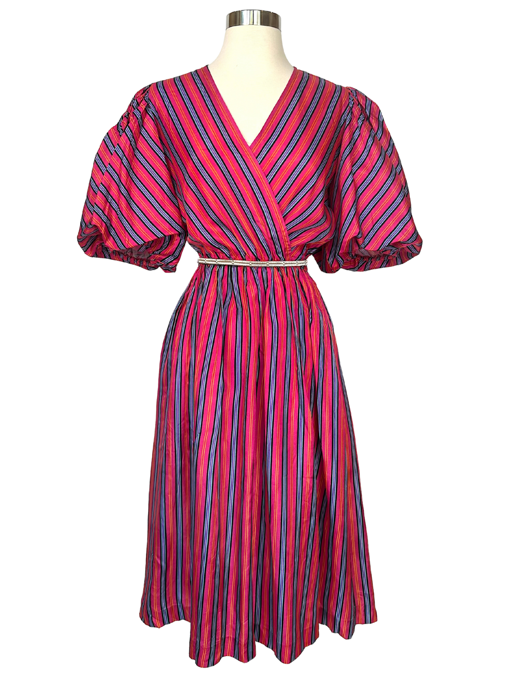 Vintage 1980s Liz Roberts Pink Striped Puff Sleeve Dress - S - M - L