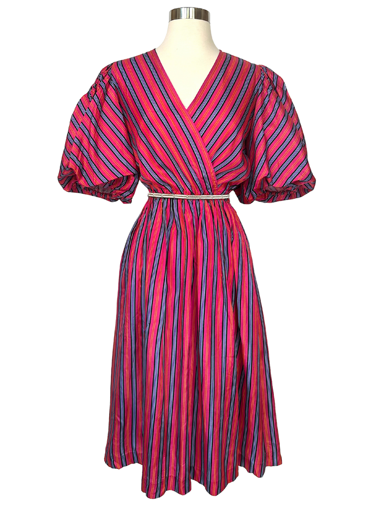 Vintage 1980s Liz Roberts Pink Striped Puff Sleeve Dress - S - M - L