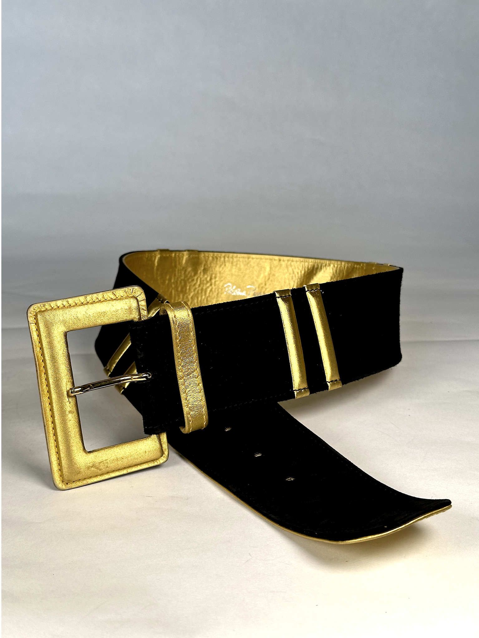 1990s Paloma Picasso Black and Gold Leather Waist Belt - S - M