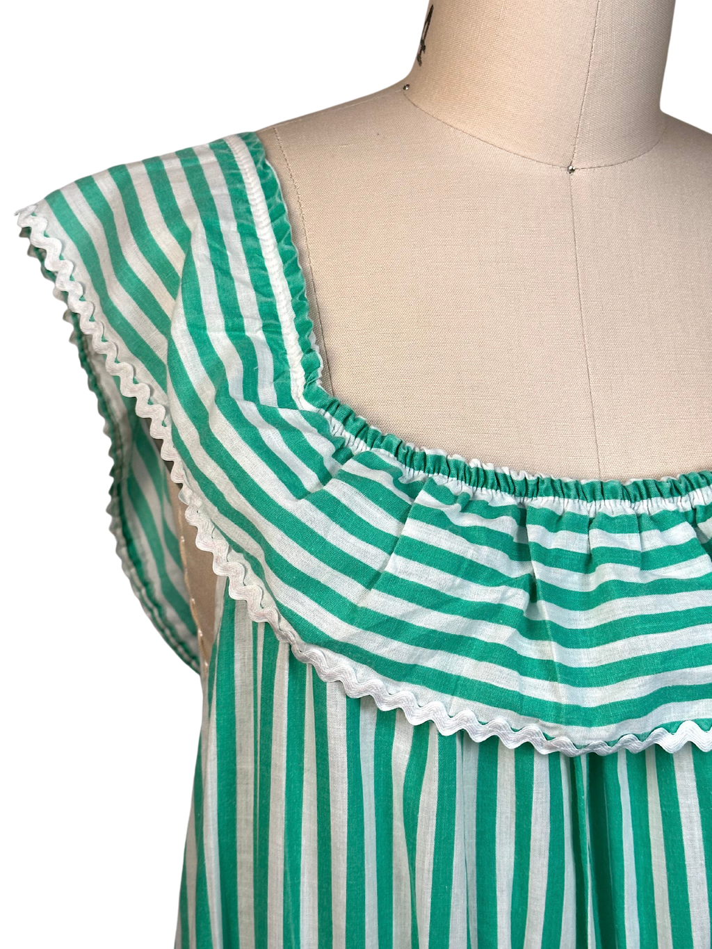 Vintage 1970s Green Striped Cotton Peasant Dress - L