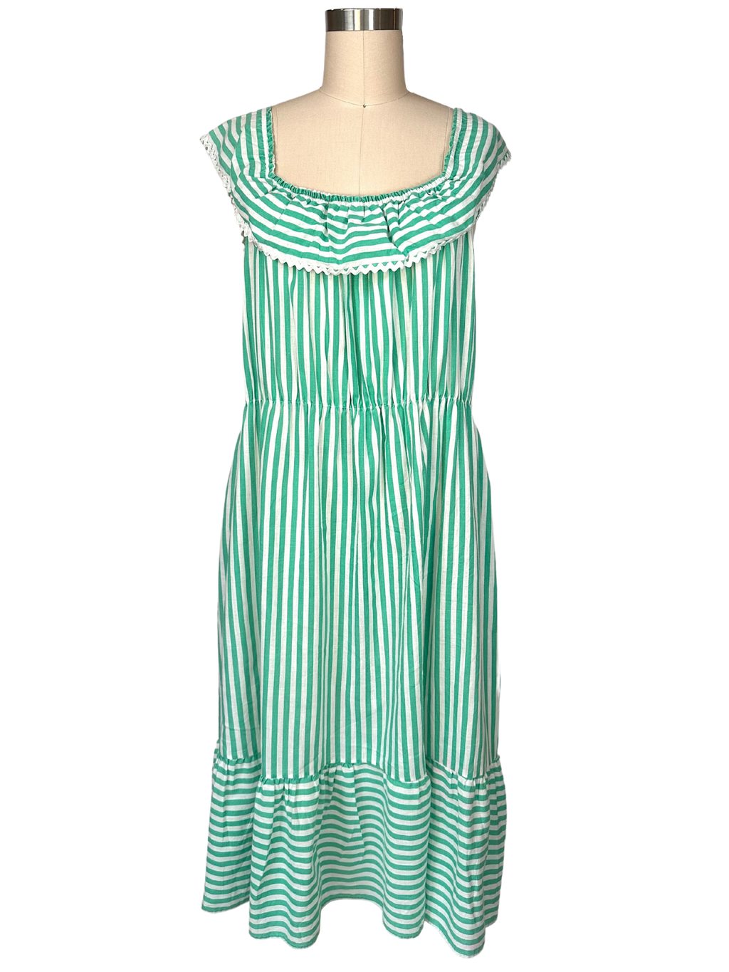 Vintage 1970s Green Striped Cotton Peasant Dress - L