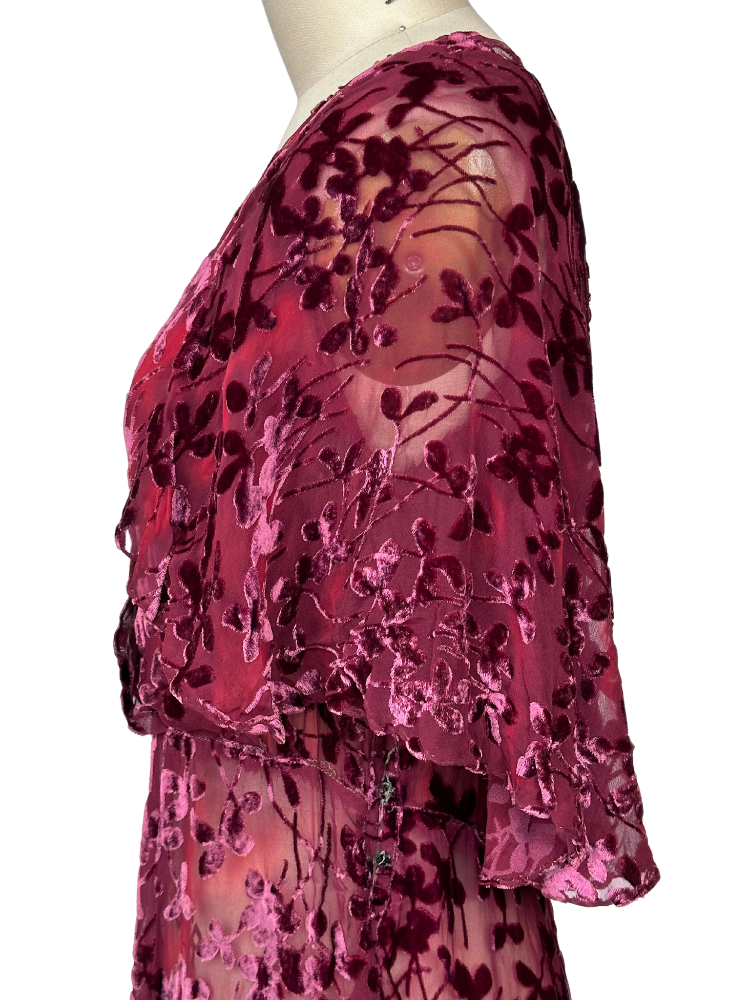 Vintage 1930s Burgundy Devoré (Burnout) Dress - L