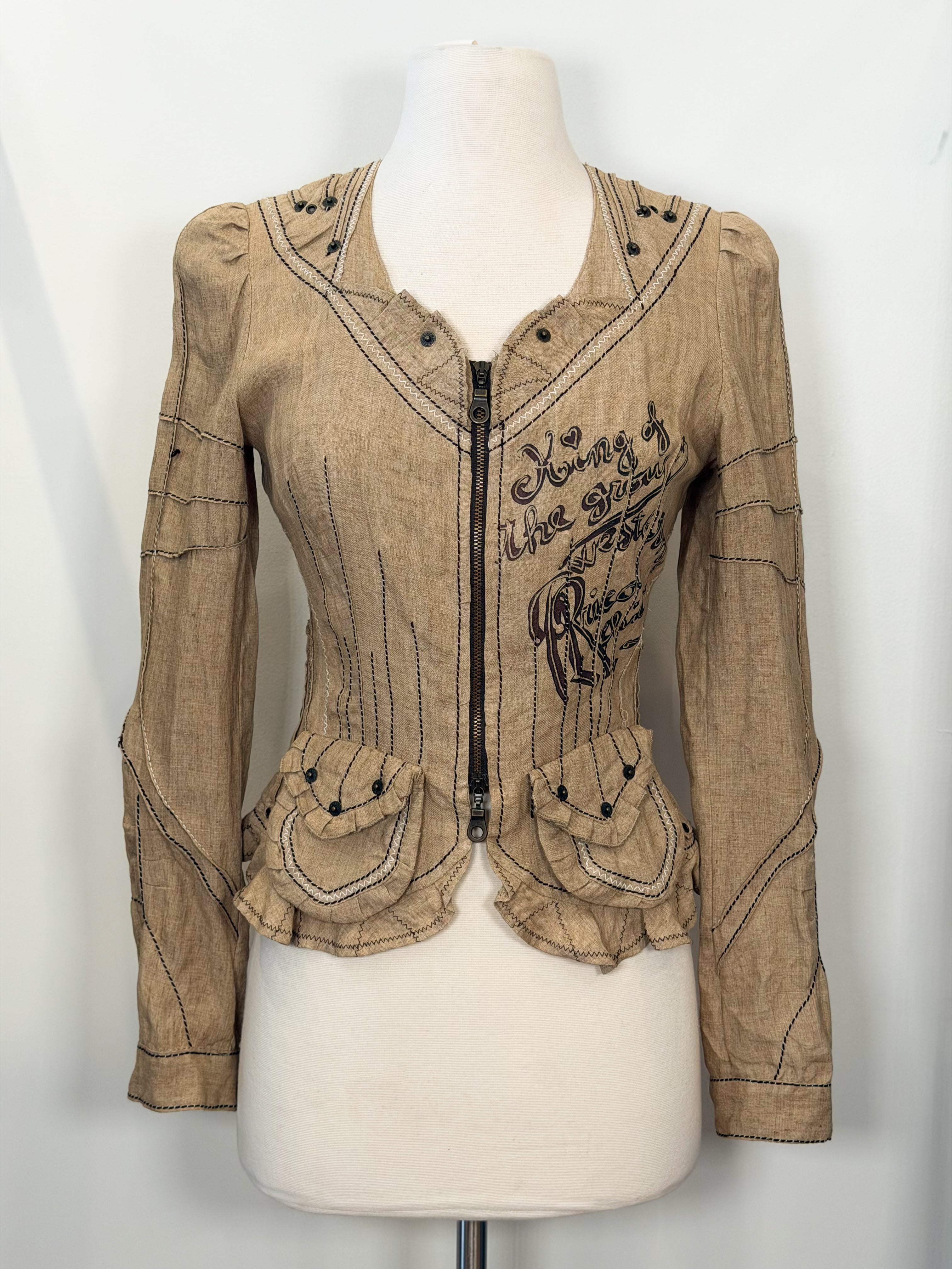 Y2K Italian indie grunge linen top stitch khaki shirt/jacket S