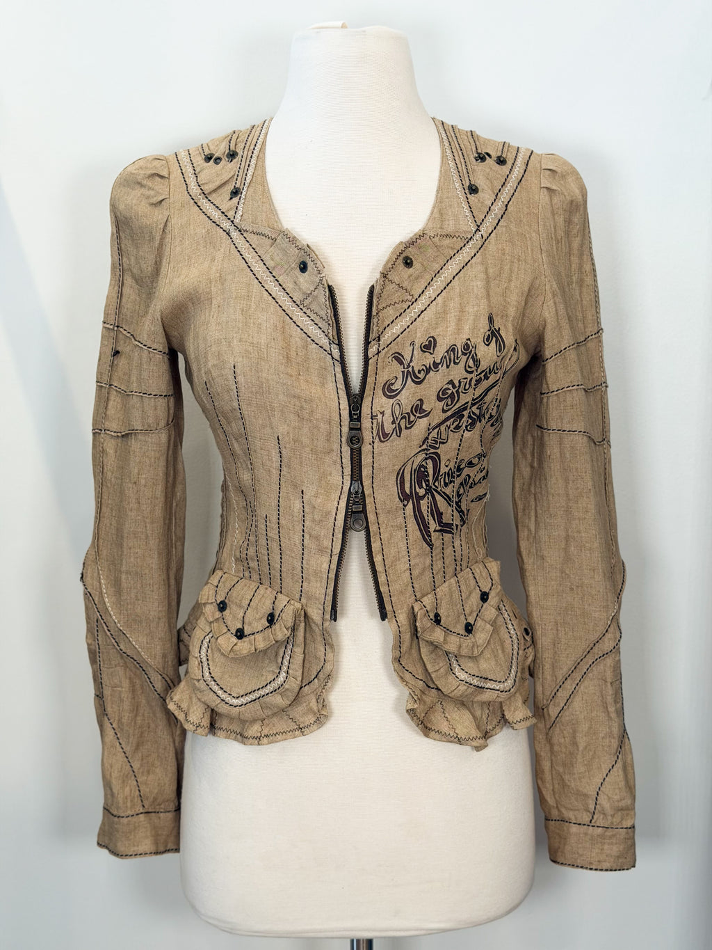 Y2K Italian indie grunge linen top stitch khaki shirt/jacket S