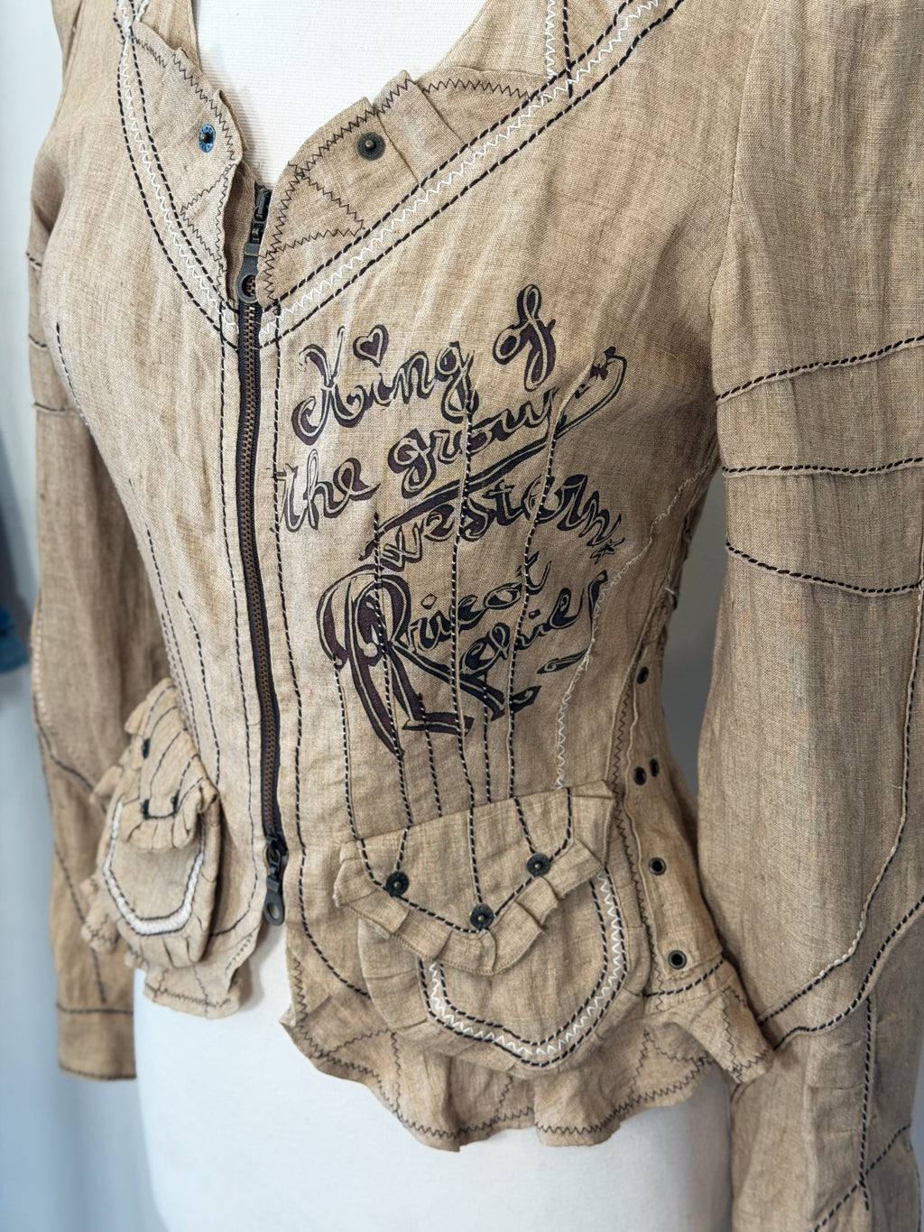 Y2K Italian indie grunge linen top stitch khaki shirt/jacket S