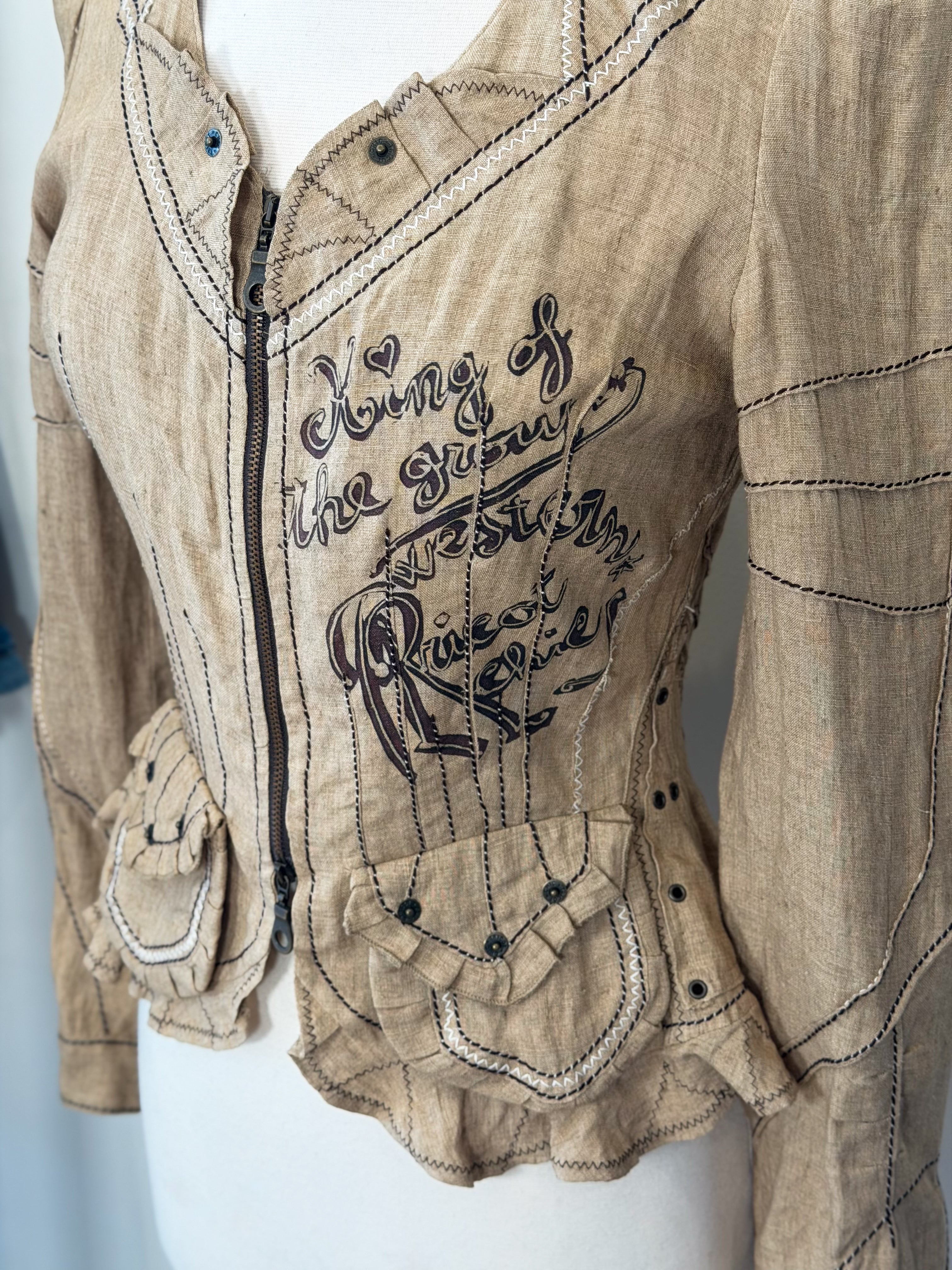Y2K Italian indie grunge linen top stitch khaki shirt/jacket S
