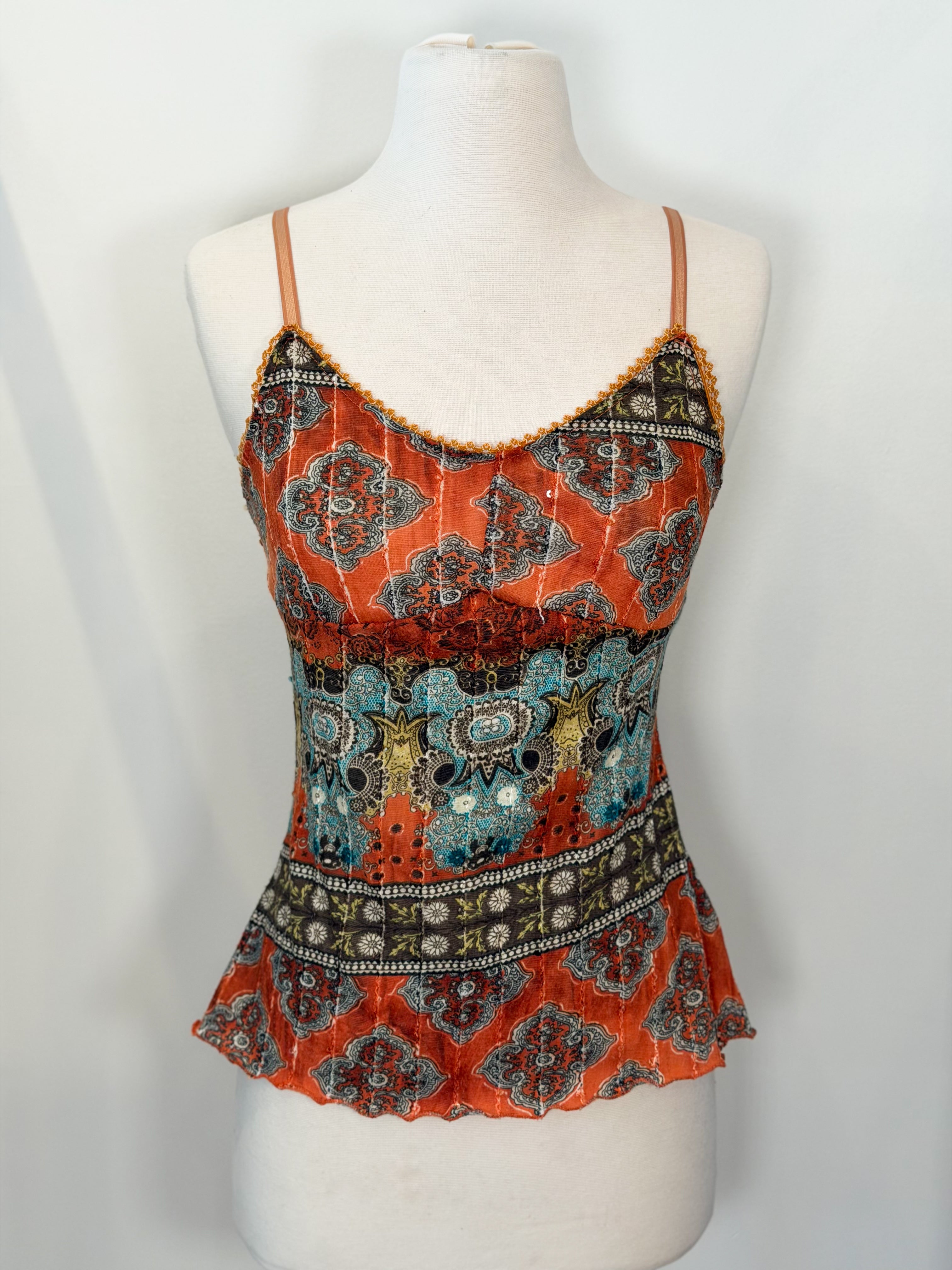 Y2K Italian indie boho print stretch and sequin cami top - Small
